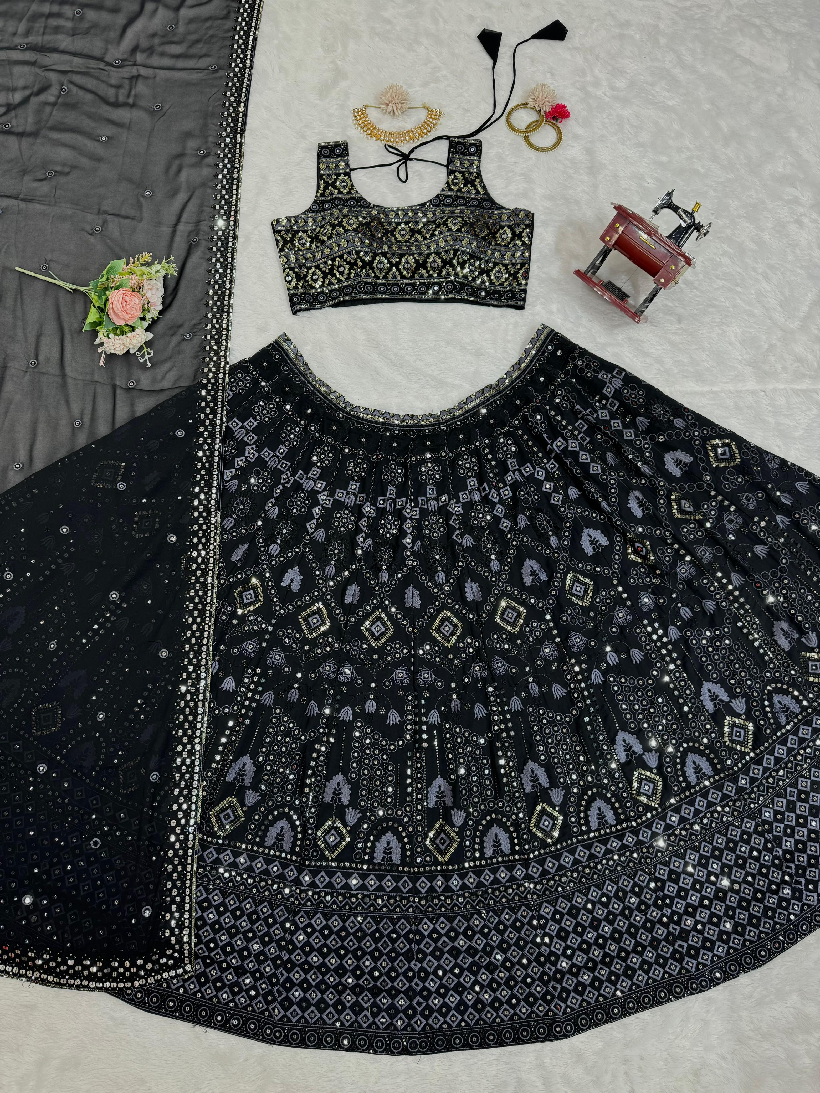 Marriage Special Black Color Foux Georgette 9mm Sequence With Thread Bridal Wear Lehenga Choli