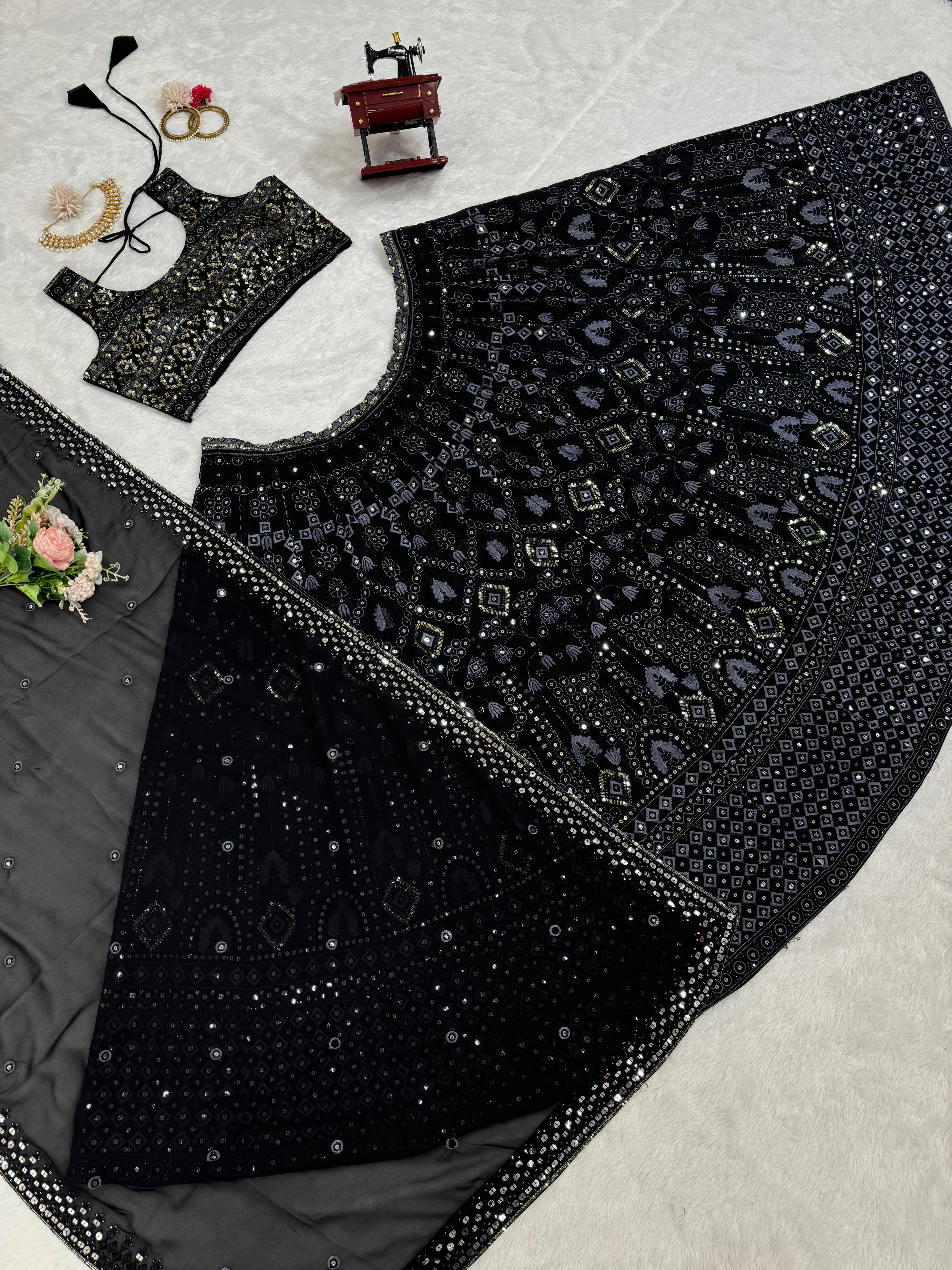 Marriage Special Black Color Foux Georgette 9mm Sequence With Thread Bridal Wear Lehenga Choli