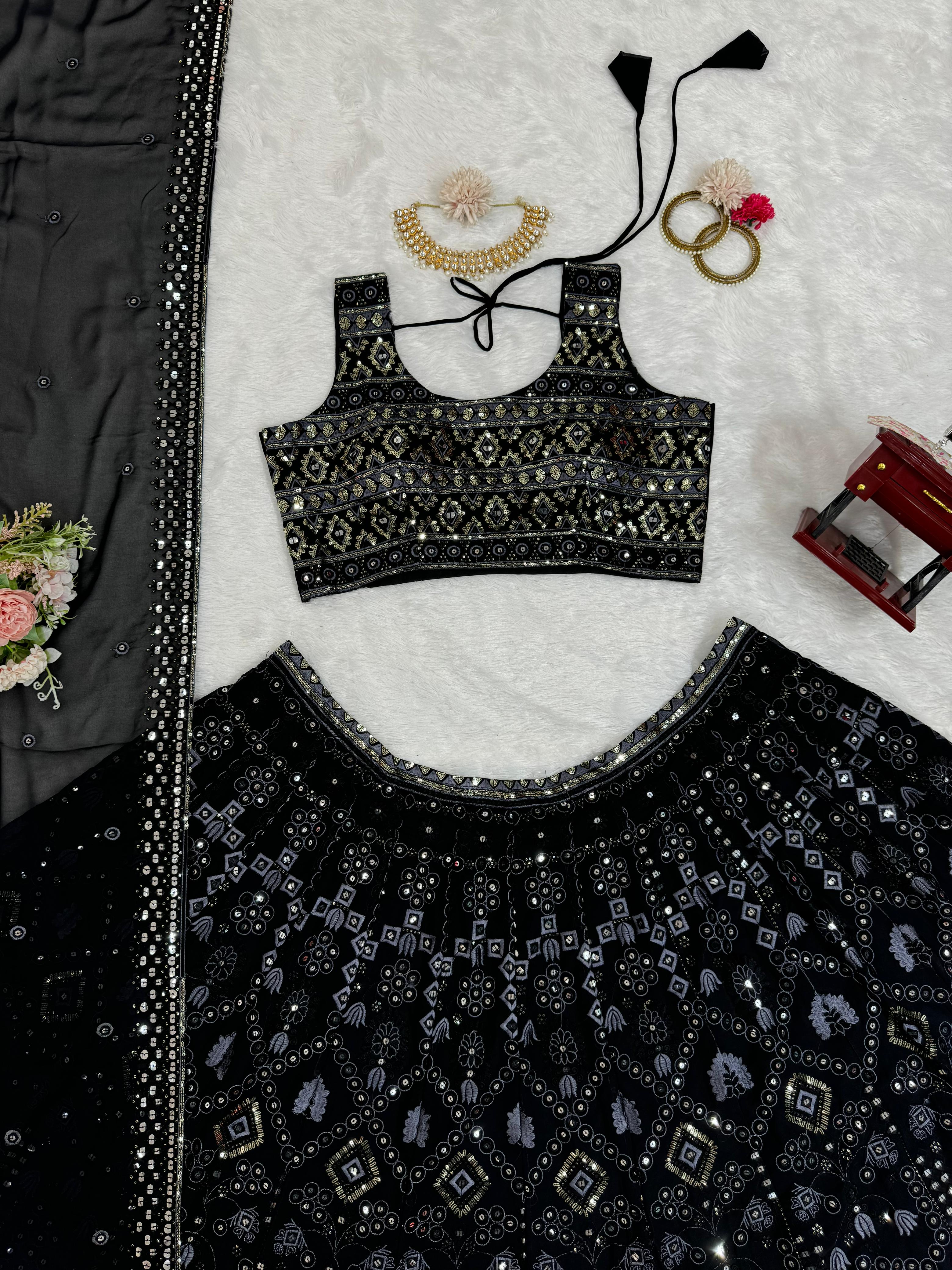 Marriage Special Black Color Foux Georgette 9mm Sequence With Thread Bridal Wear Lehenga Choli