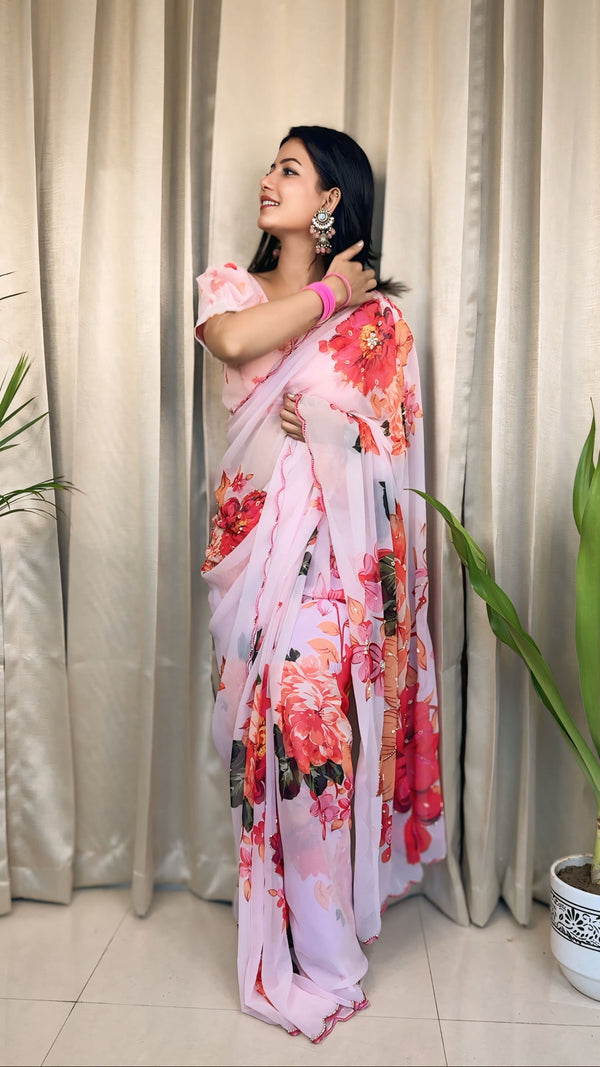 Luxuriant Baby Pink Color Soft Georgette Silk With Beautiful Floral Printed Handwork And White Stone Work Saree