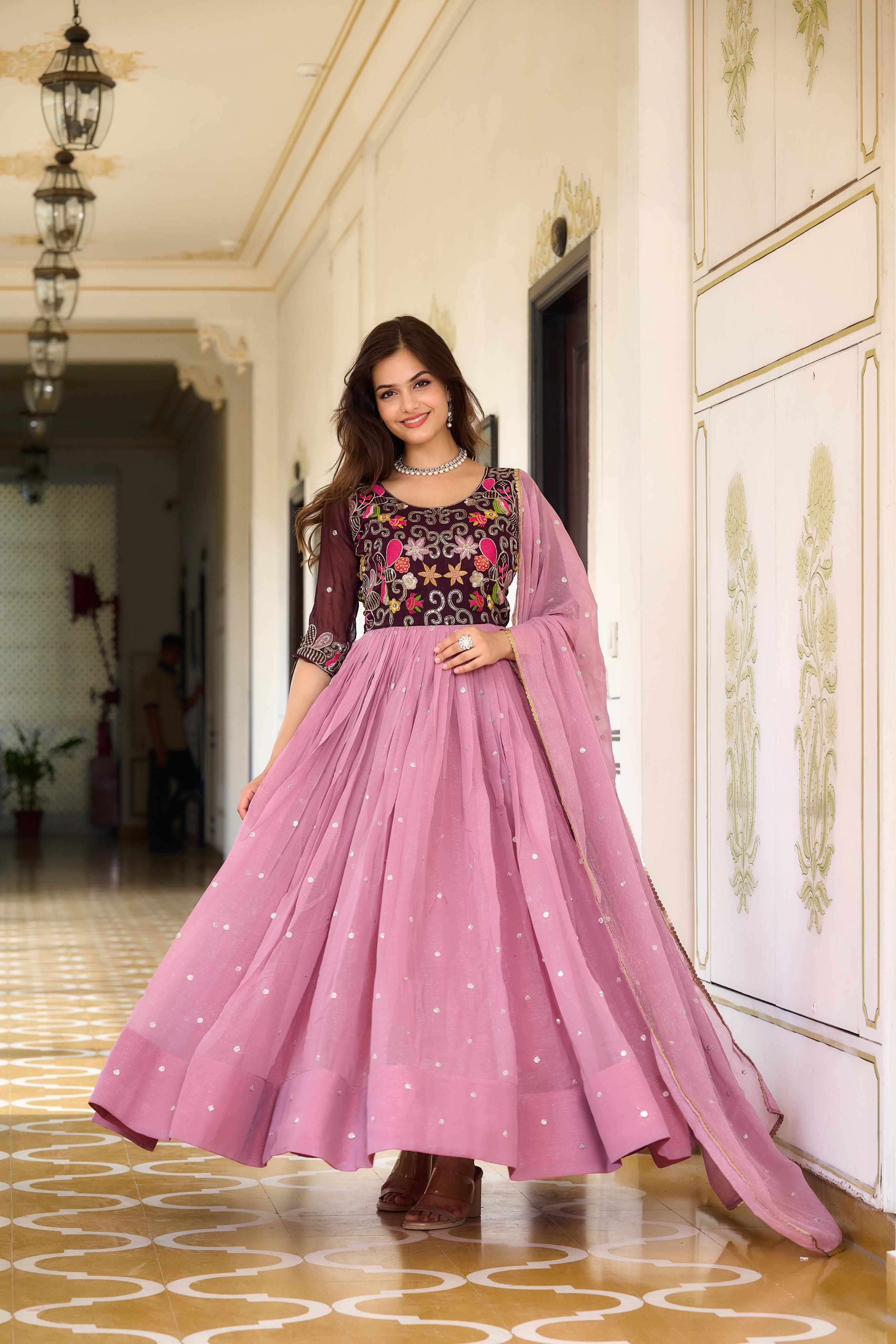 Eyes Catching Dusty Peach Sequence Embroidery With Thread Work Designer Gown