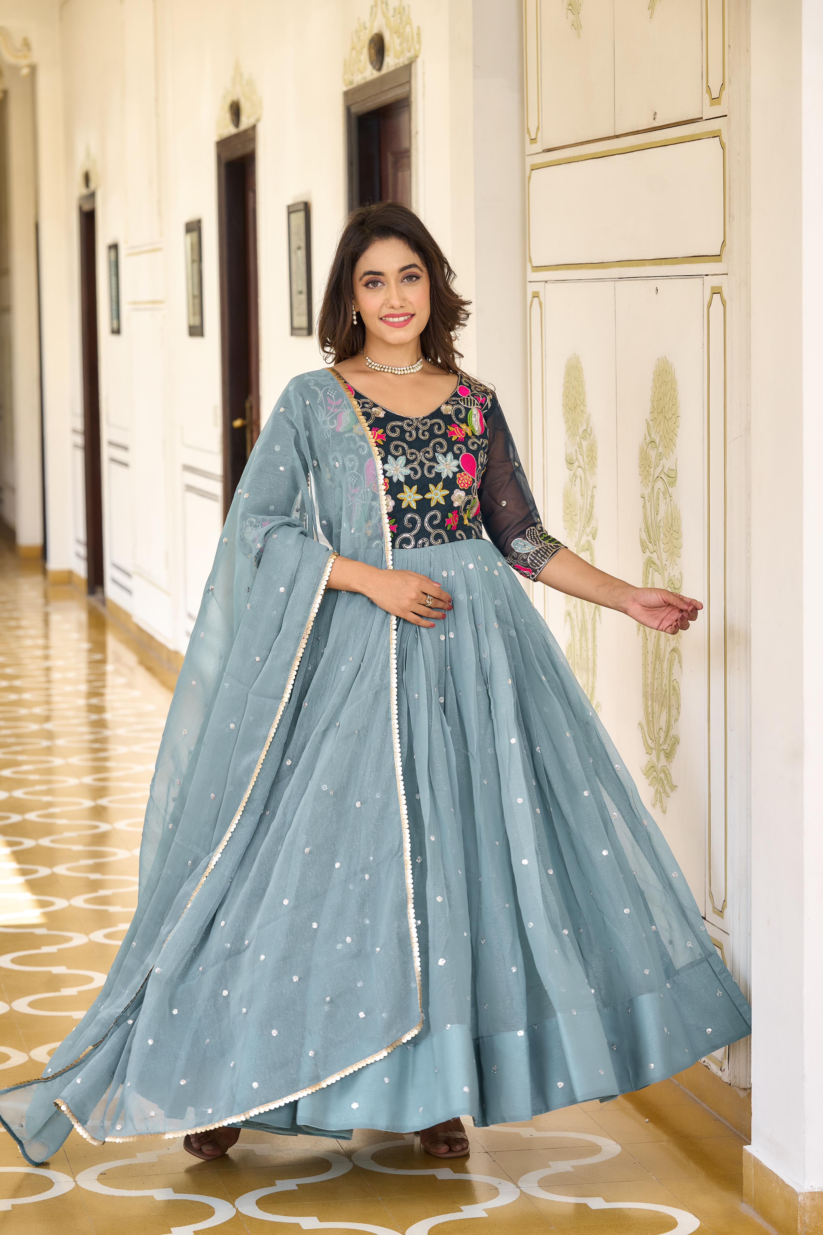 Eyes Catching Sky Blue Color Sequence Embroidery With Thread Work Designer Gown