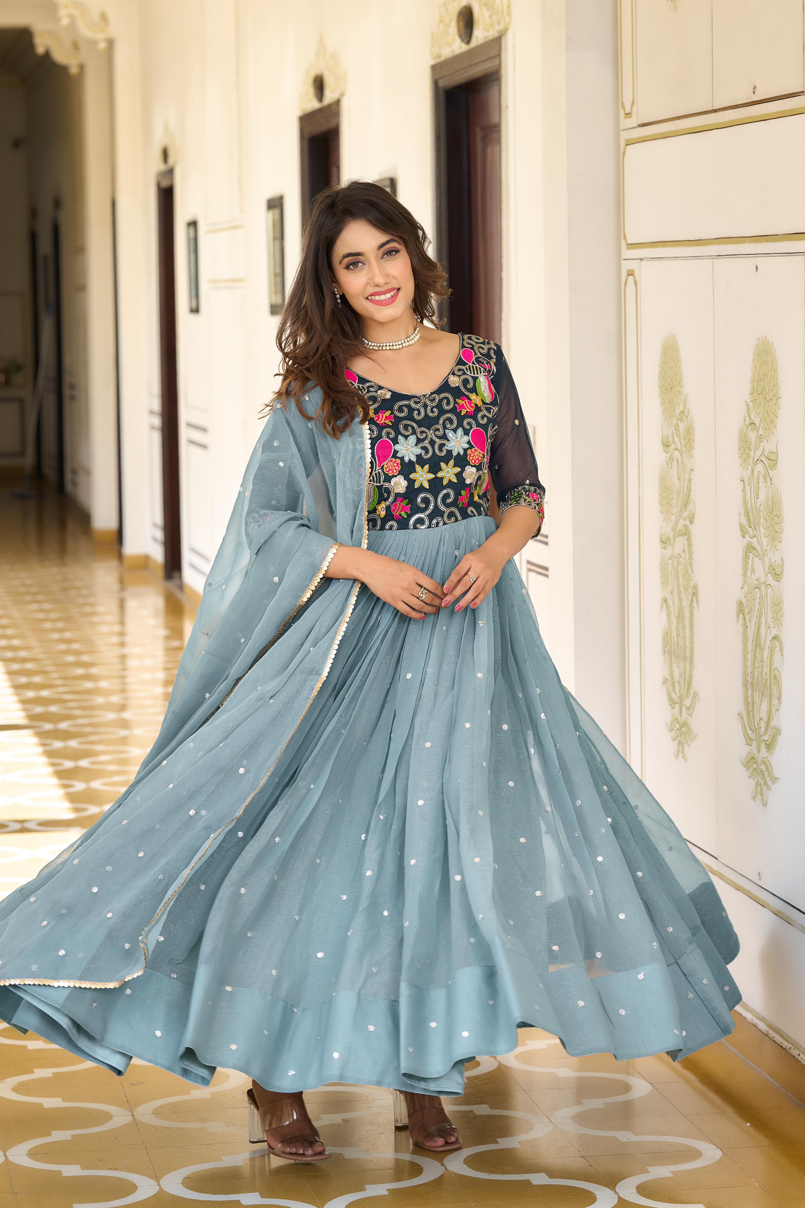 Eyes Catching Sky Blue Color Sequence Embroidery With Thread Work Designer Gown