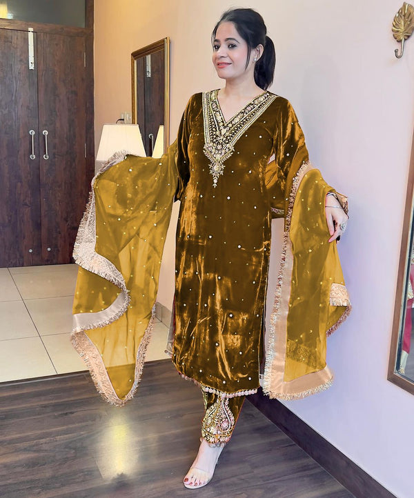 Stylish Mustard Color Heavy Pure Viscose Velvet  Sequence Work With Rivet Moti Work Salwar Suit