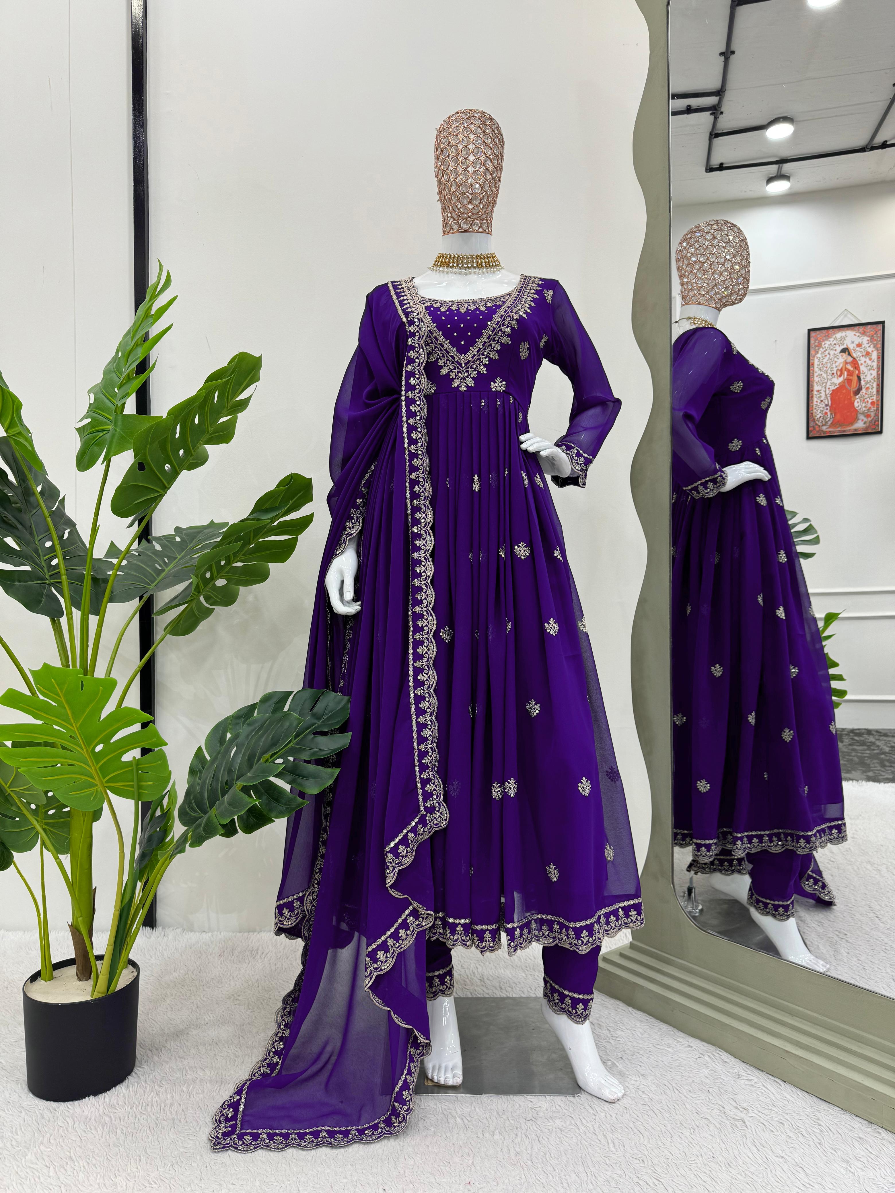 Outstanding Purple Color Foux Georgette Thread With Sequence Designer Salwar Suit