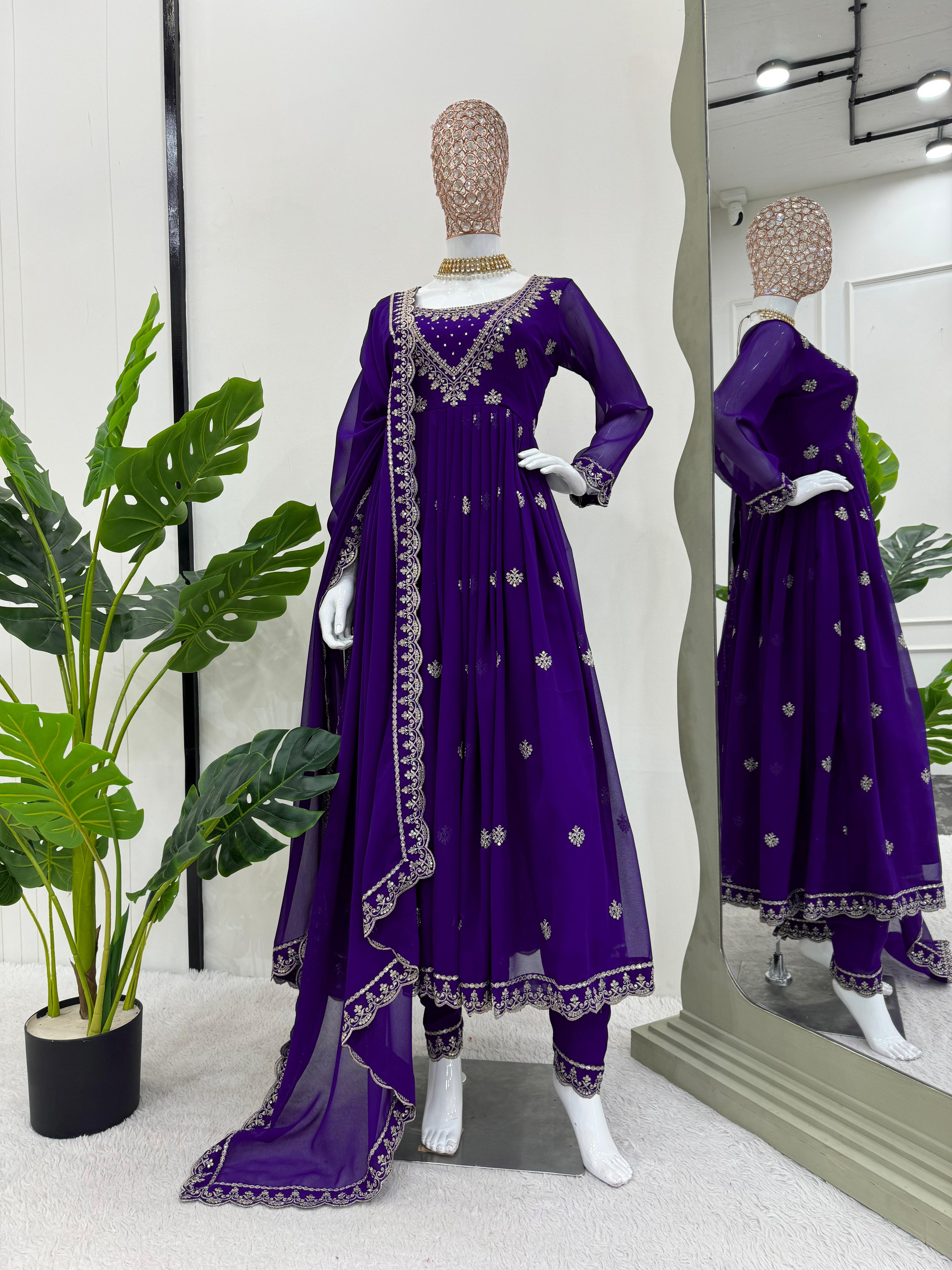 Outstanding Purple Color Foux Georgette Thread With Sequence Designer Salwar Suit