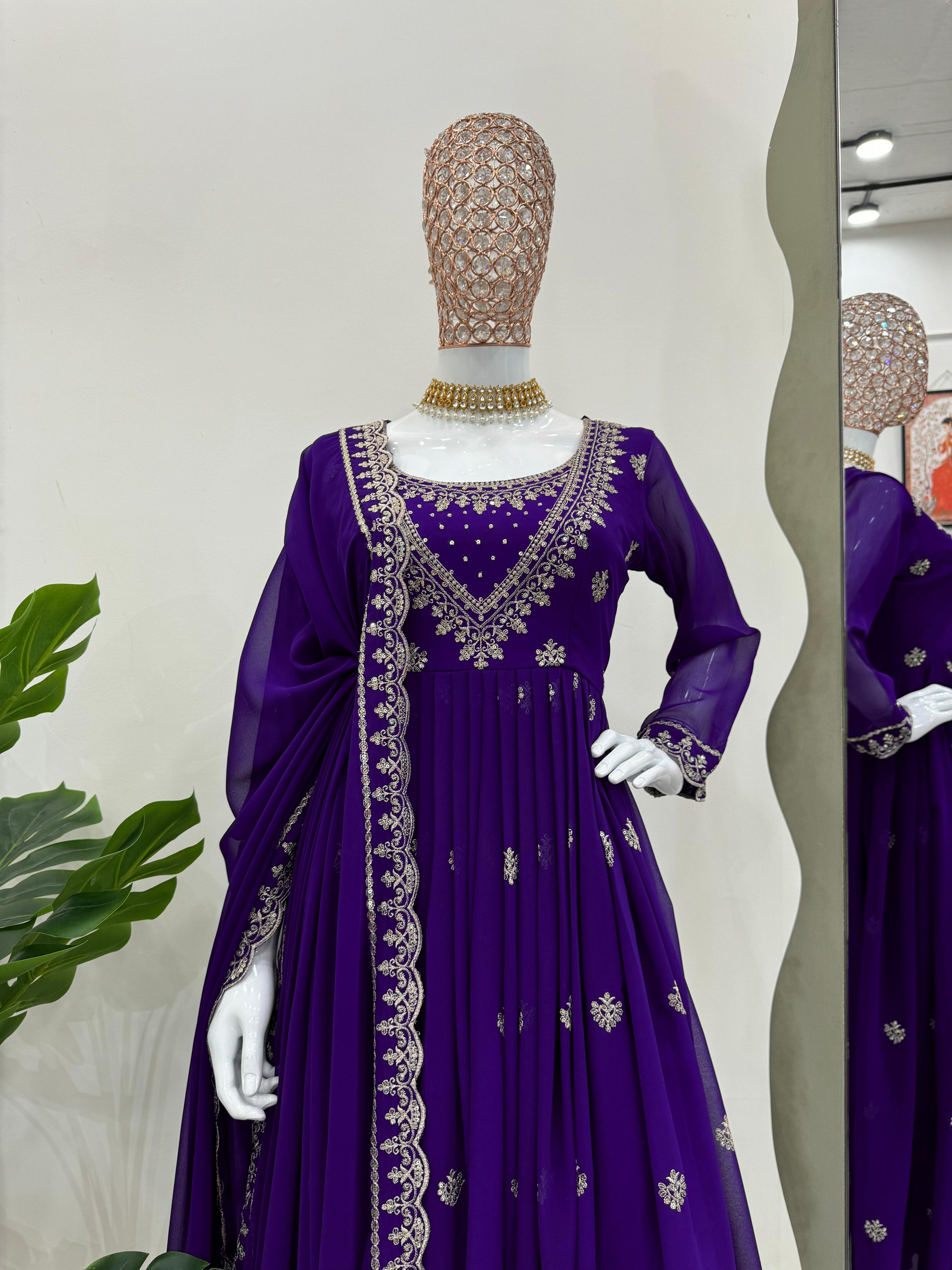 Outstanding Purple Color Foux Georgette Thread With Sequence Designer Salwar Suit