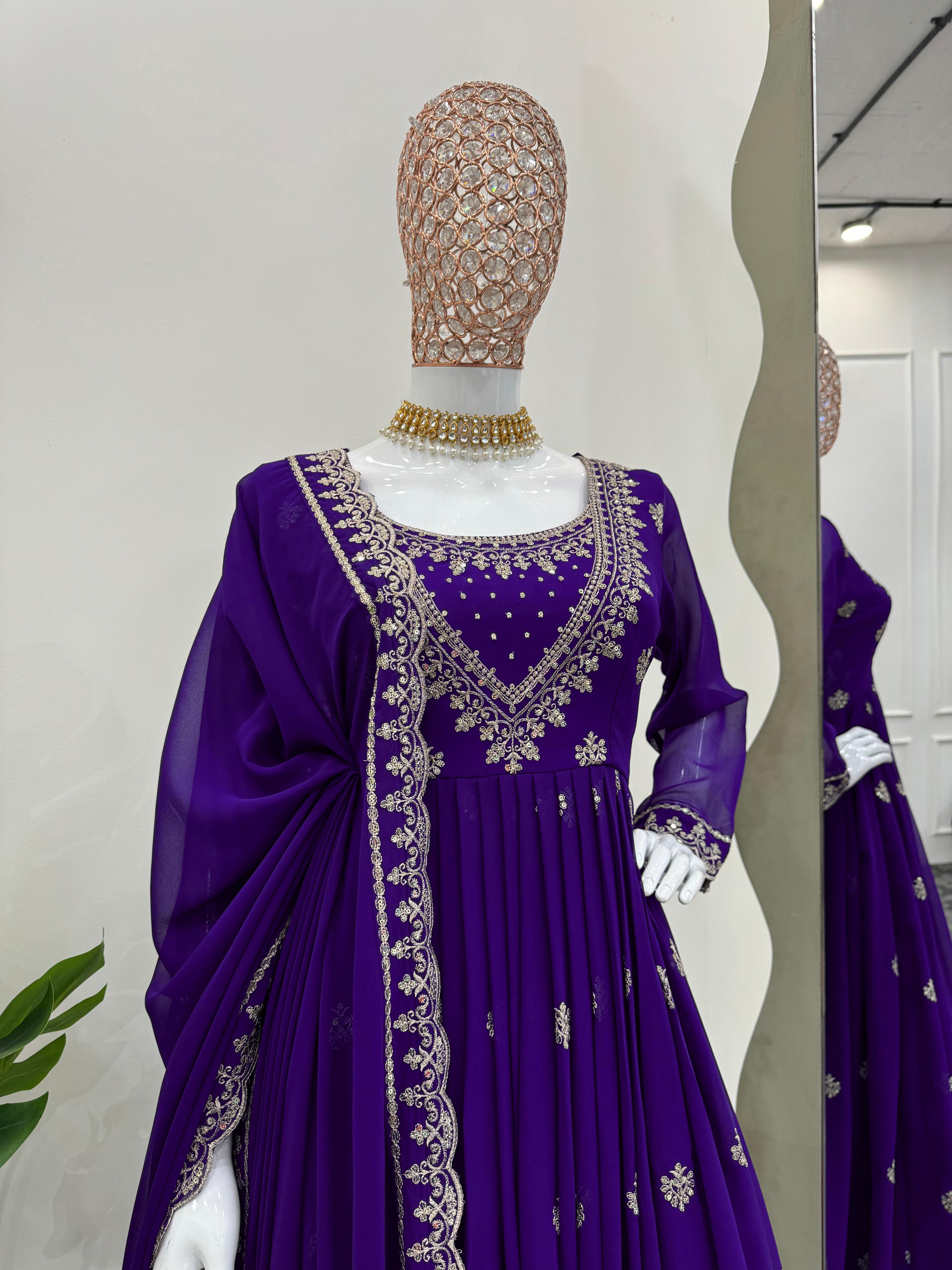 Outstanding Purple Color Foux Georgette Thread With Sequence Designer Salwar Suit