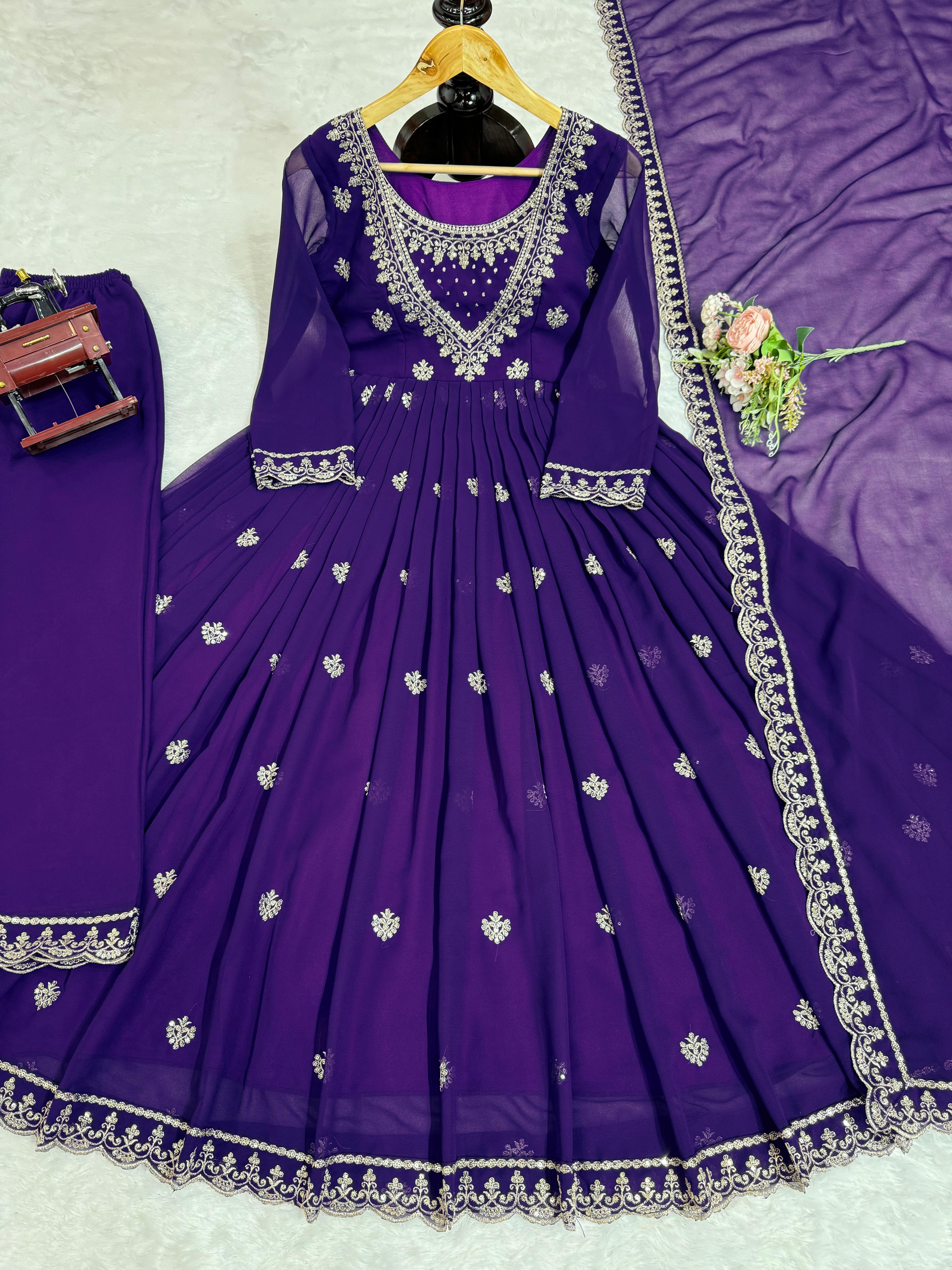 Outstanding Purple Color Foux Georgette Thread With Sequence Designer Salwar Suit