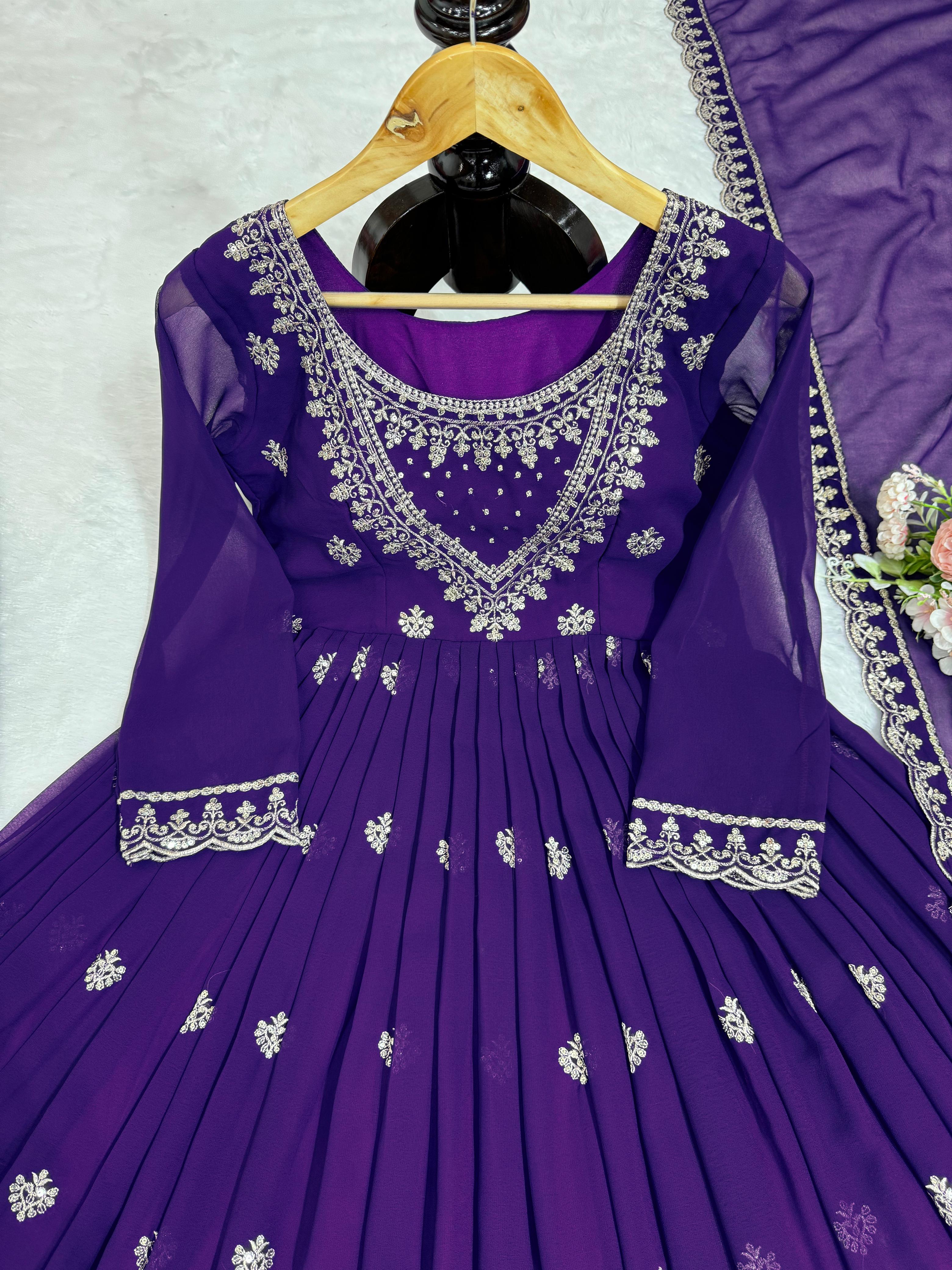 Outstanding Purple Color Foux Georgette Thread With Sequence Designer Salwar Suit