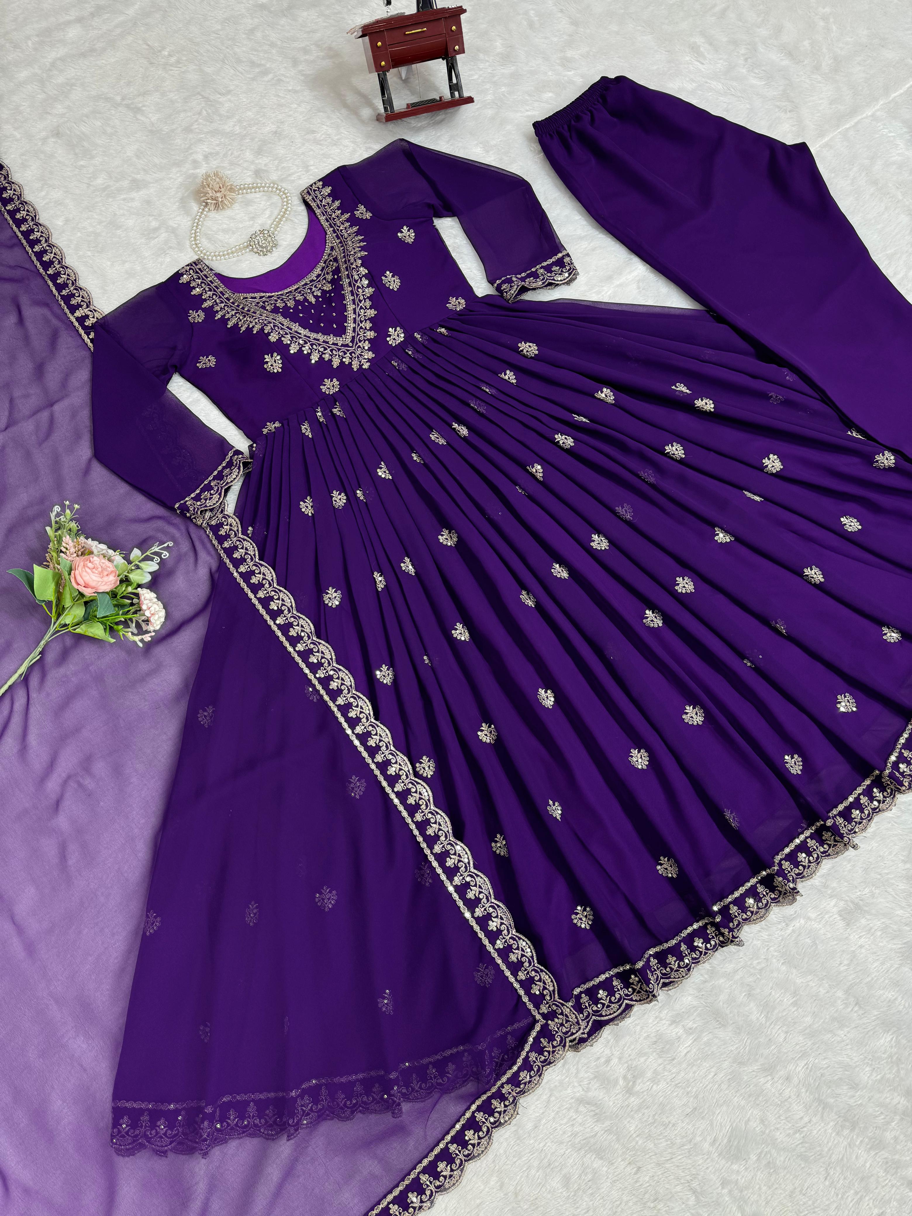 Outstanding Purple Color Foux Georgette Thread With Sequence Designer Salwar Suit