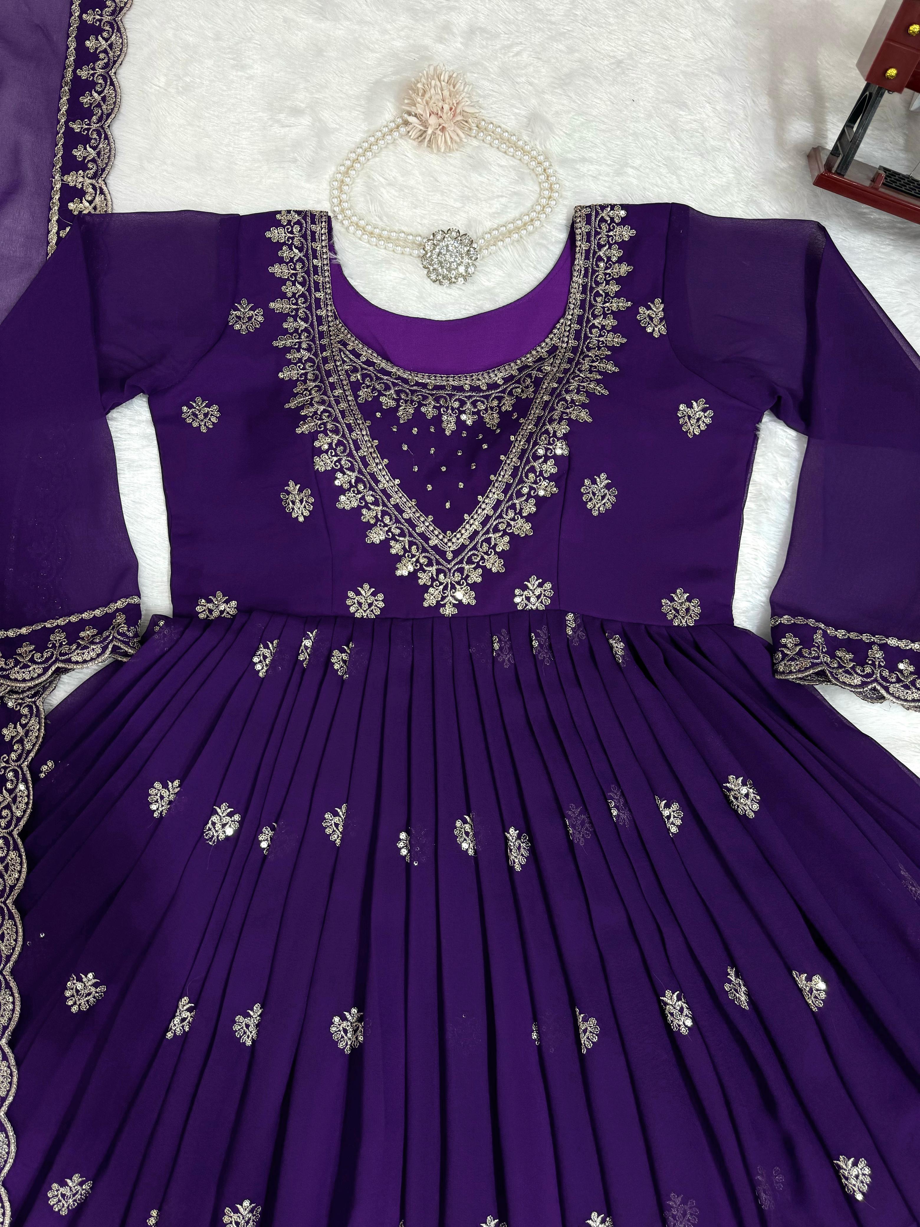 Outstanding Purple Color Foux Georgette Thread With Sequence Designer Salwar Suit