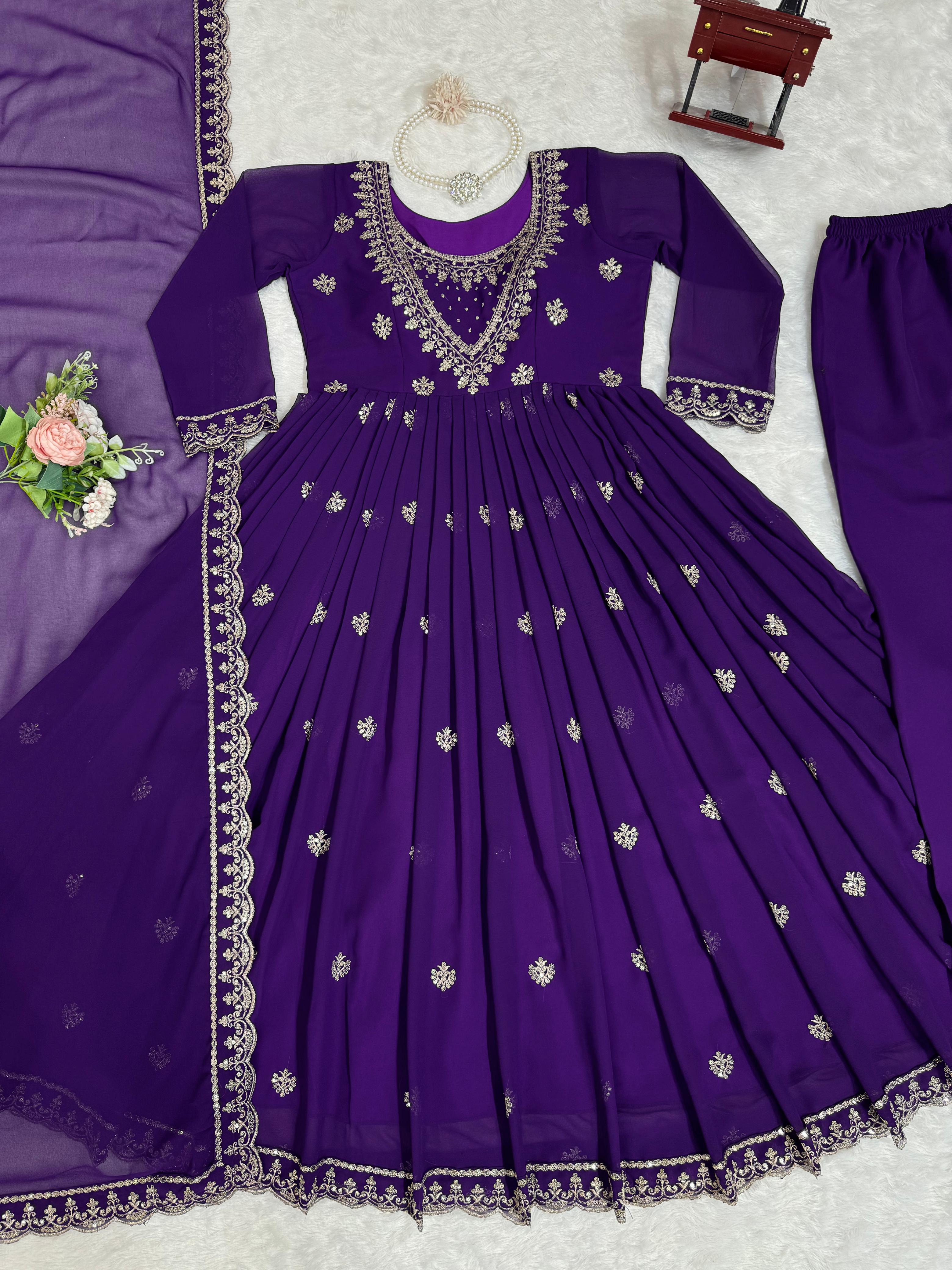 Outstanding Purple Color Foux Georgette Thread With Sequence Designer Salwar Suit