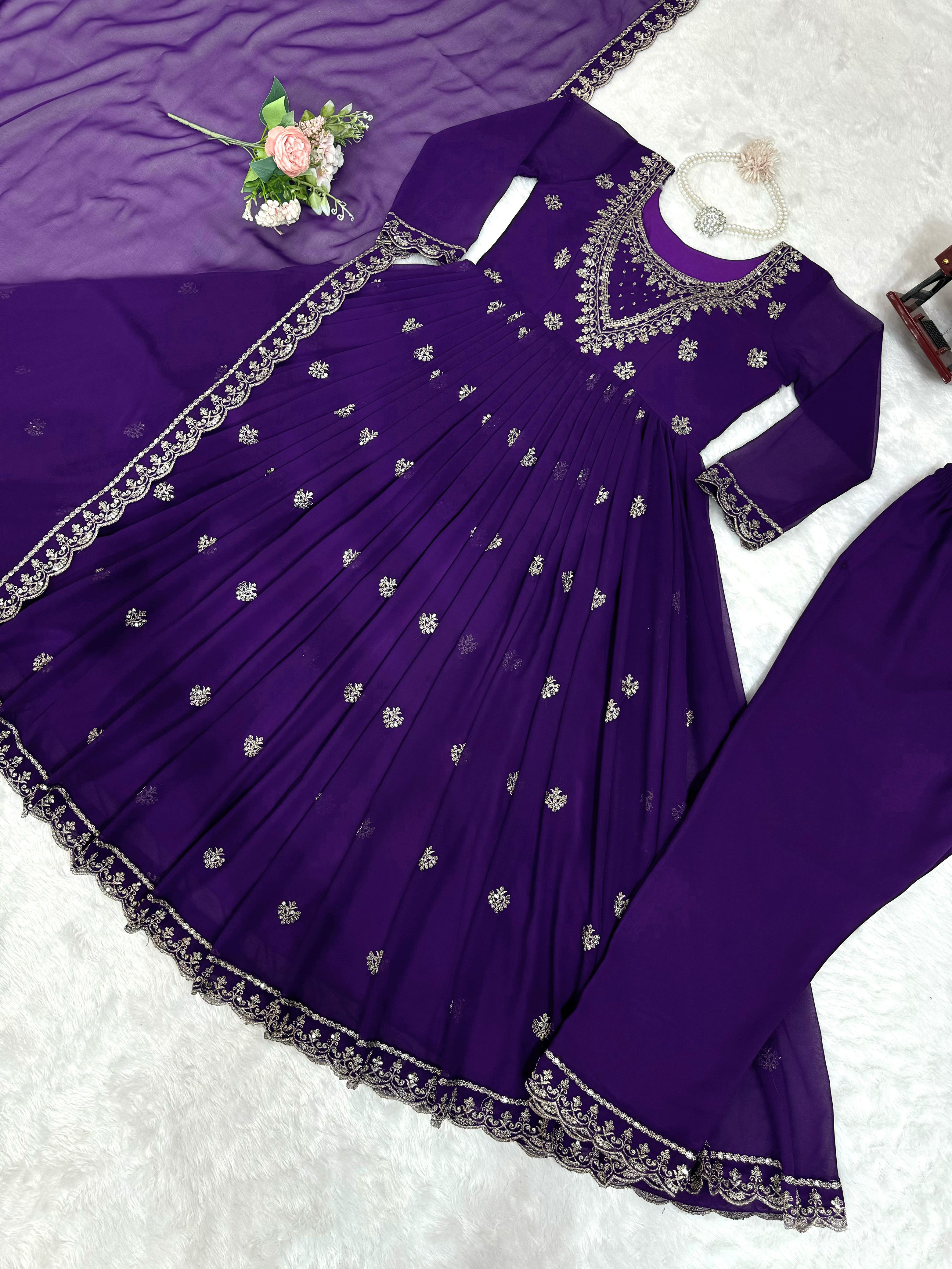 Outstanding Purple Color Foux Georgette Thread With Sequence Designer Salwar Suit