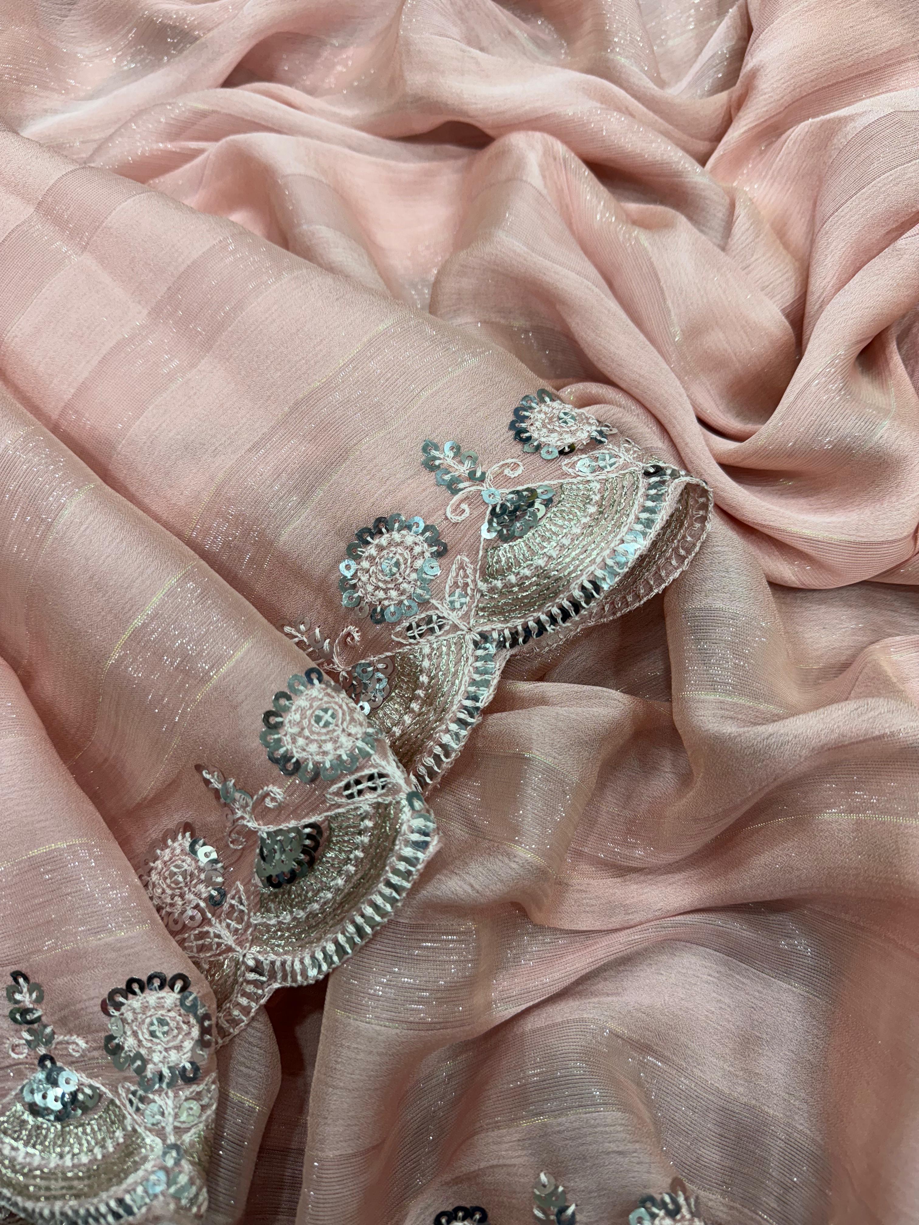 Peach Color Soft Chiffon With Weaving Zari Sequence And Embroidery Work Designer Saree