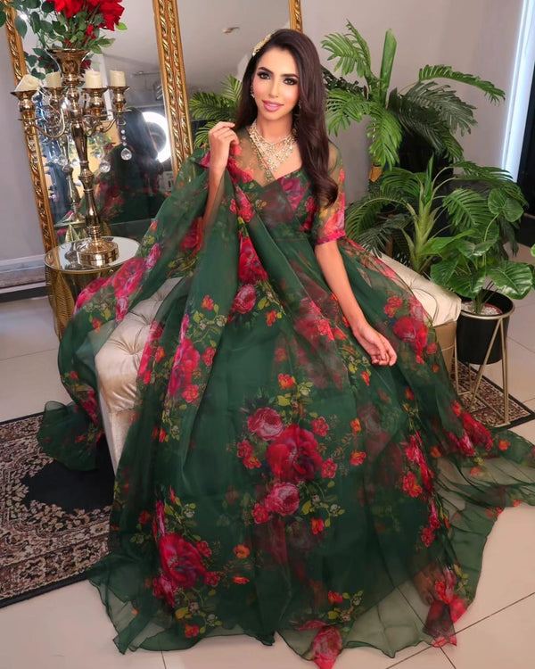 Wedding Wear Green Color Flower Printed Pure Organza Silk Floral Printed Organza Lehenga Choli