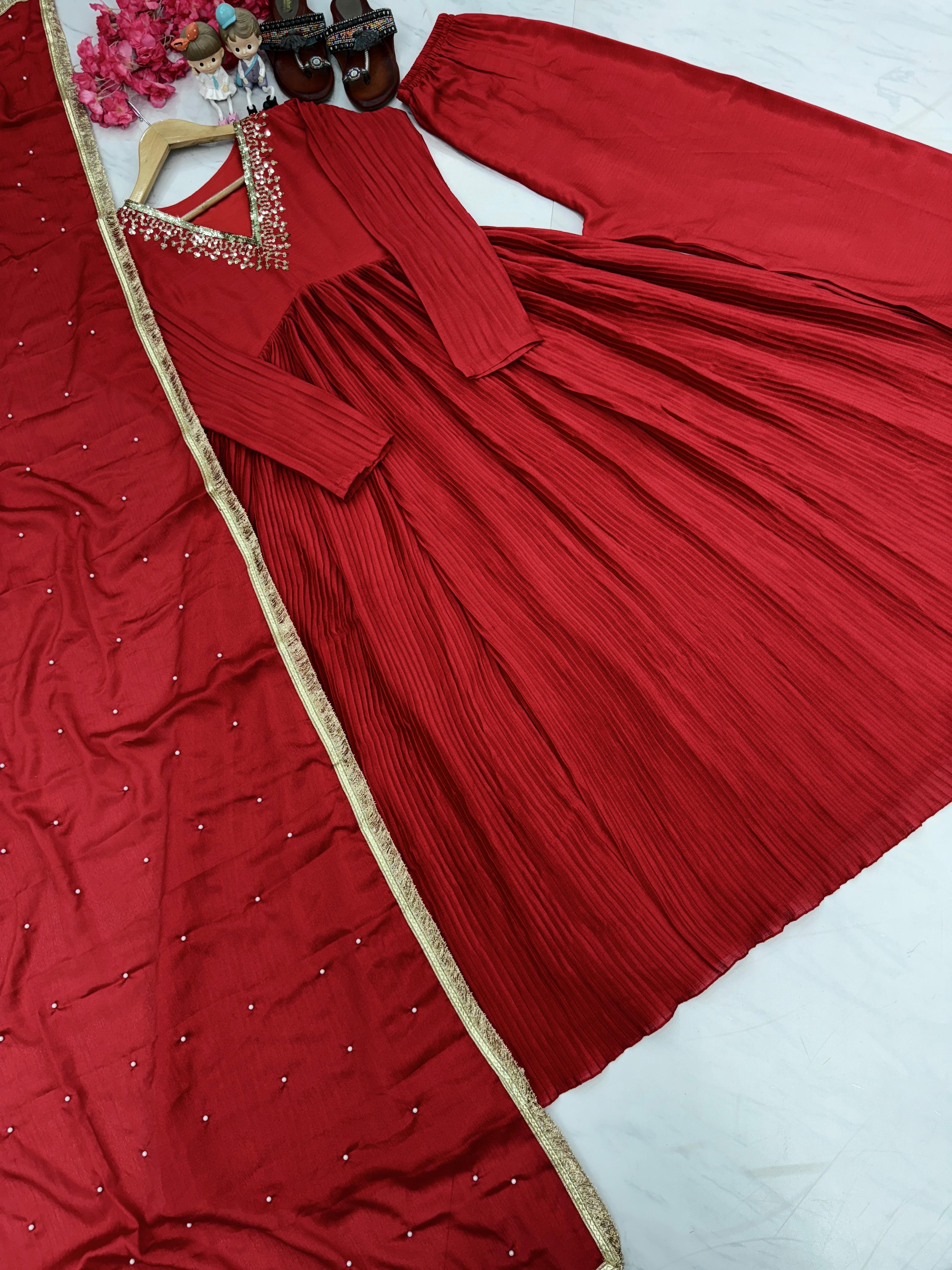 Fabulous Red Color Pure Chinon Silk Crush With Embroidery Work With Salwar Suit