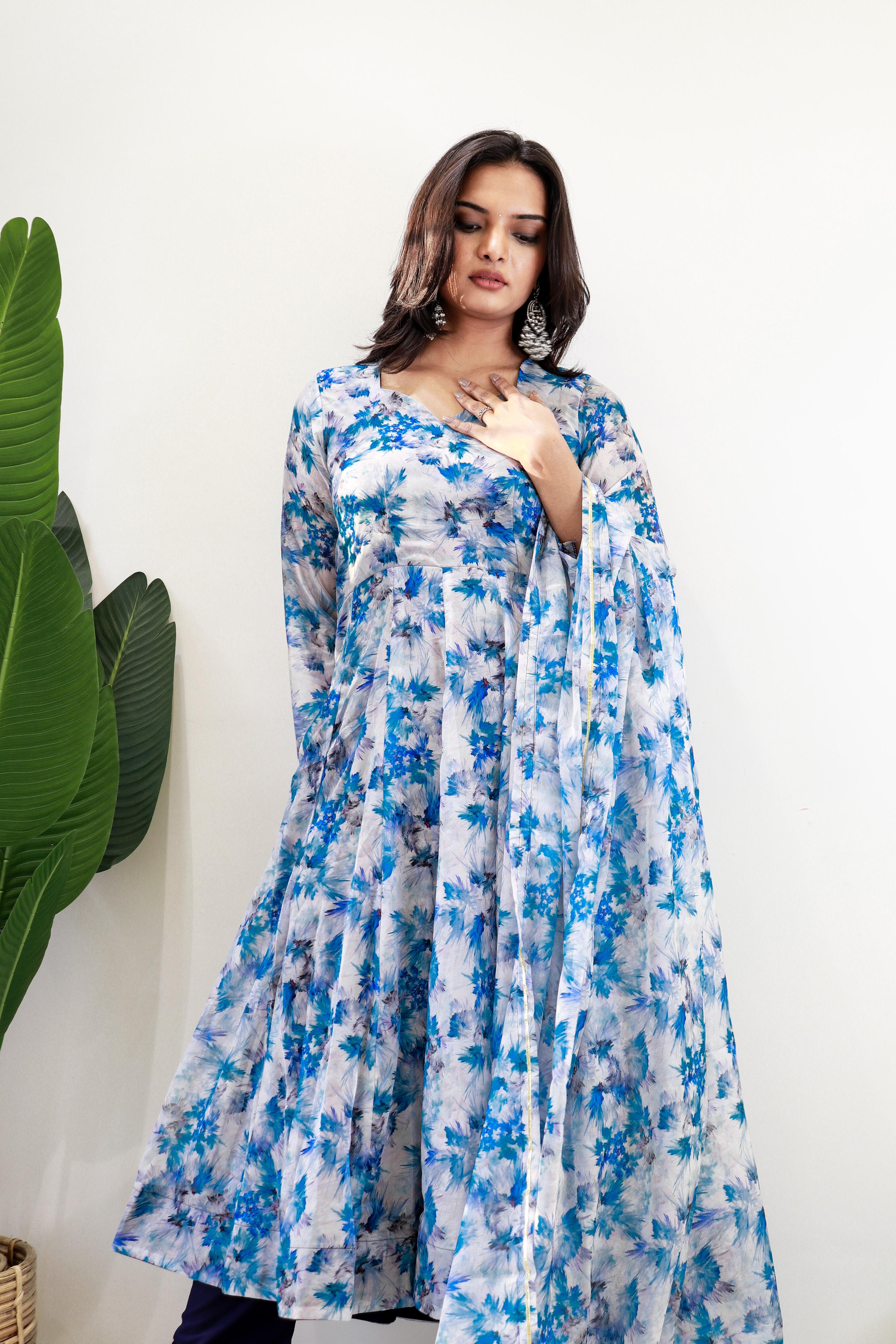 Party Wear Sky Blue Organza Taby Silk With Digital Print Designer Gown