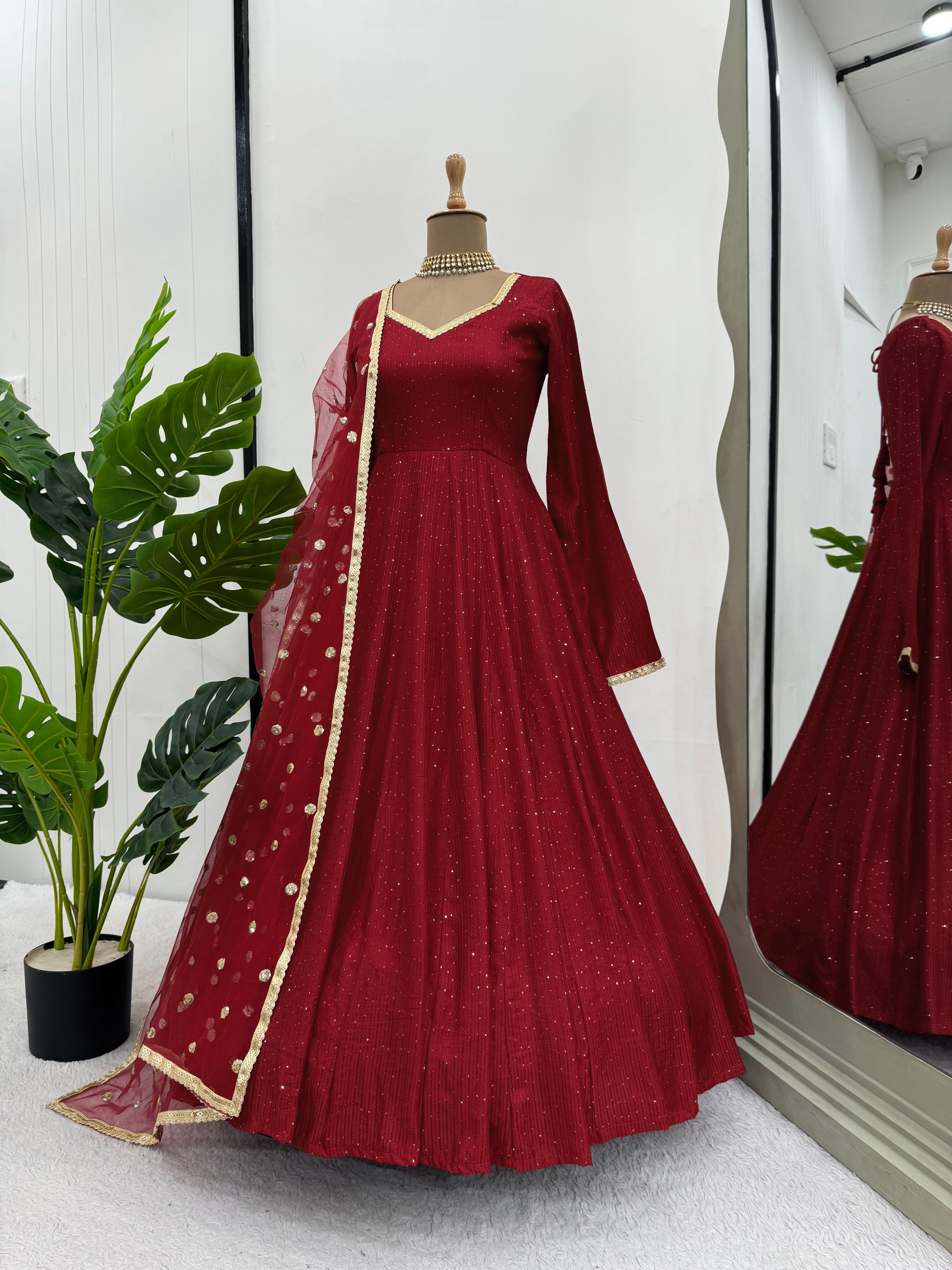 Luxuriant Maroon Color Dola Silk Designer Anarkali Suit