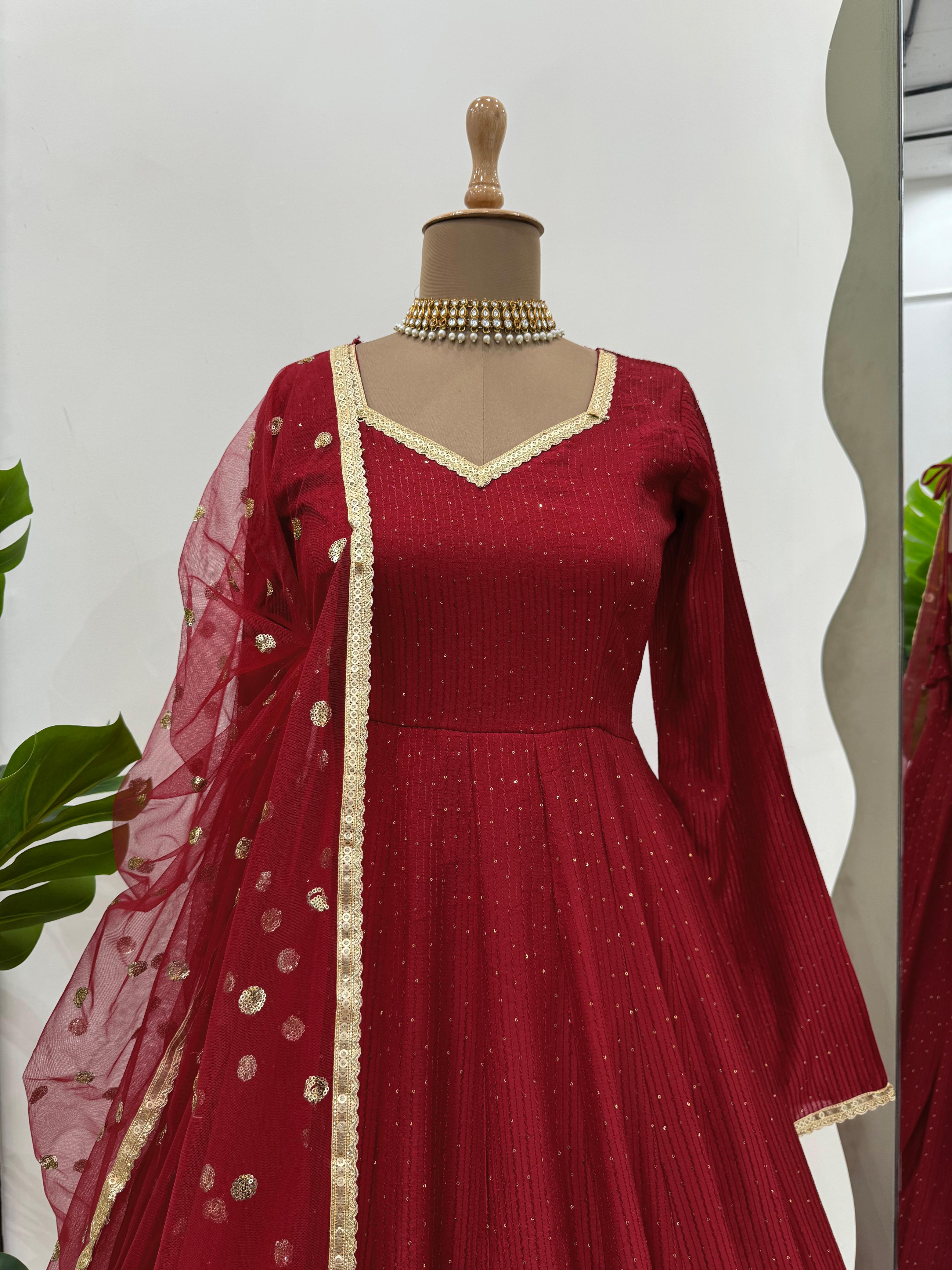 Luxuriant Maroon Color Dola Silk Designer Anarkali Suit