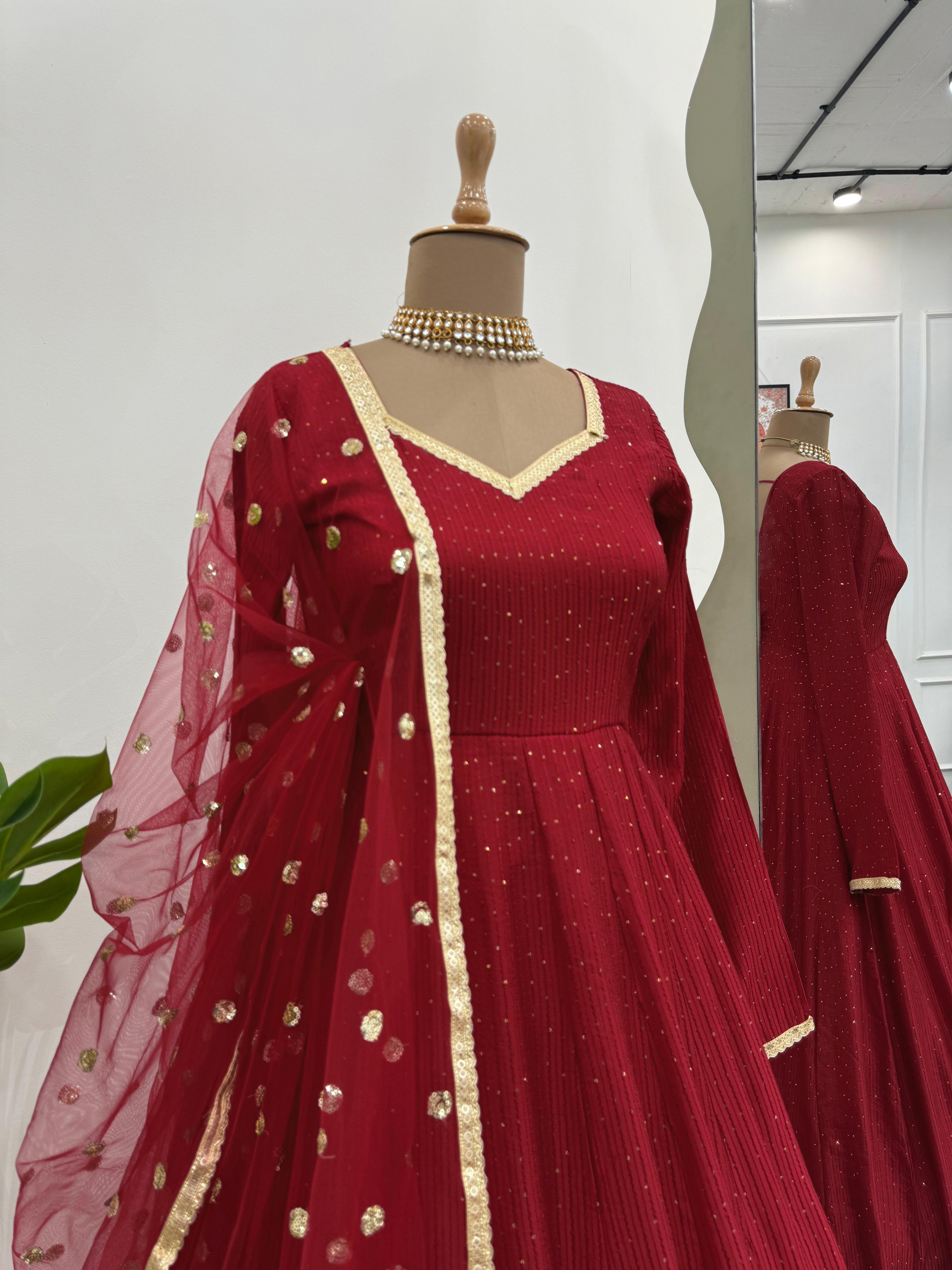 Luxuriant Maroon Color Dola Silk Designer Anarkali Suit