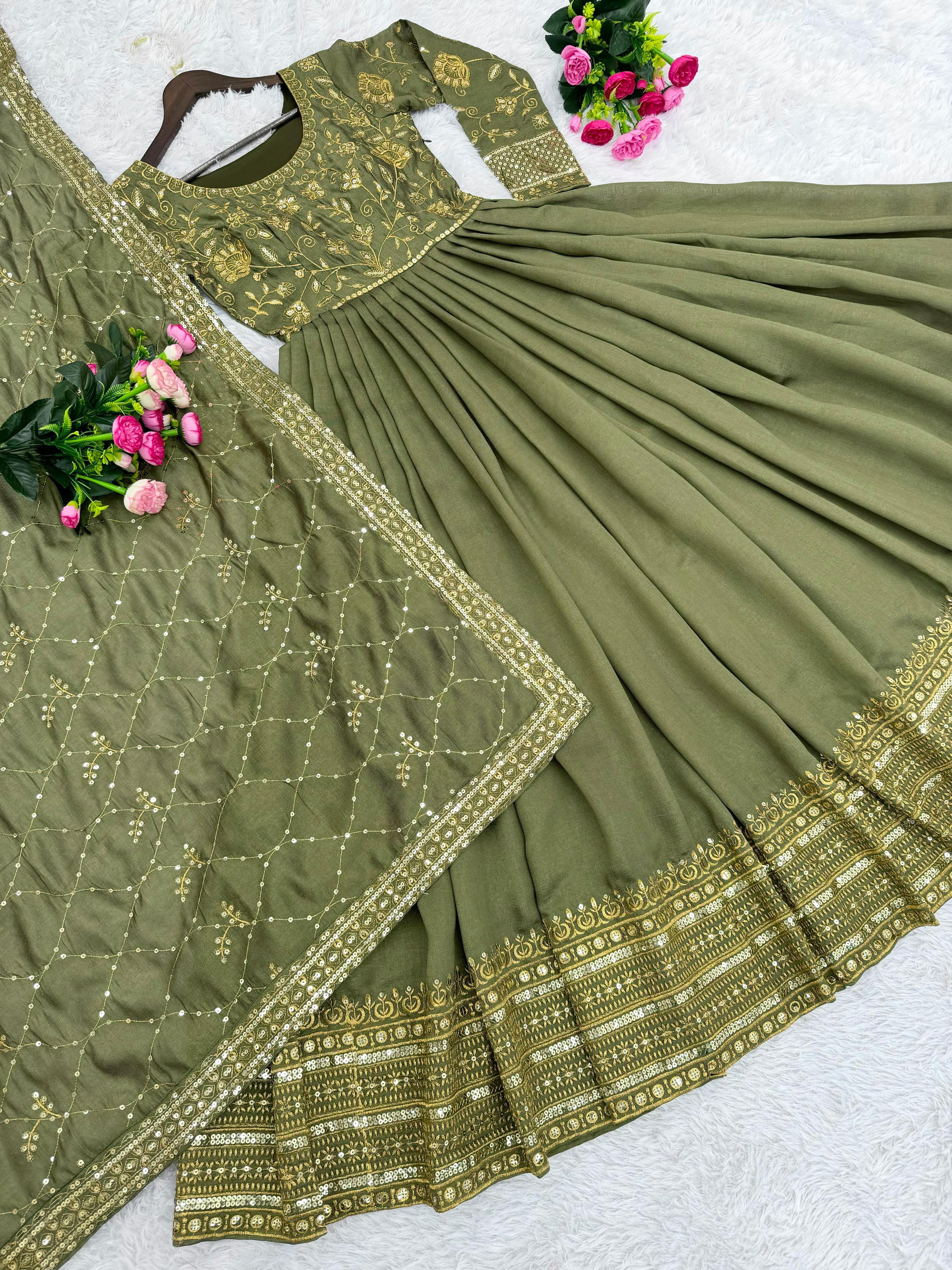 Beautiful Pista Green Color Heavy Vichitra Shimmer Silk With Embroidery Sequence Work Lehenga Choli