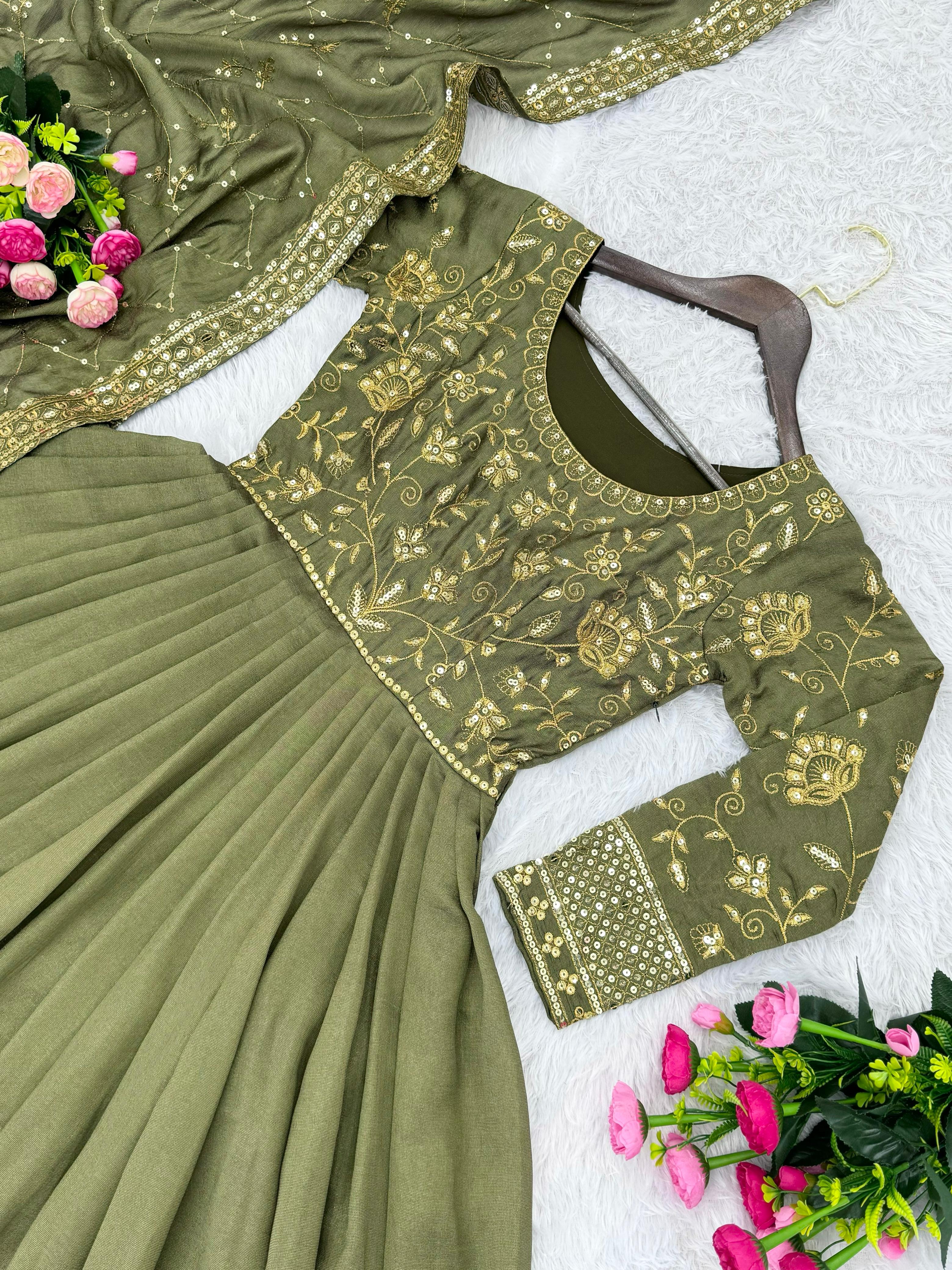 Beautiful Pista Green Color Heavy Vichitra Shimmer Silk With Embroidery Sequence Work Lehenga Choli