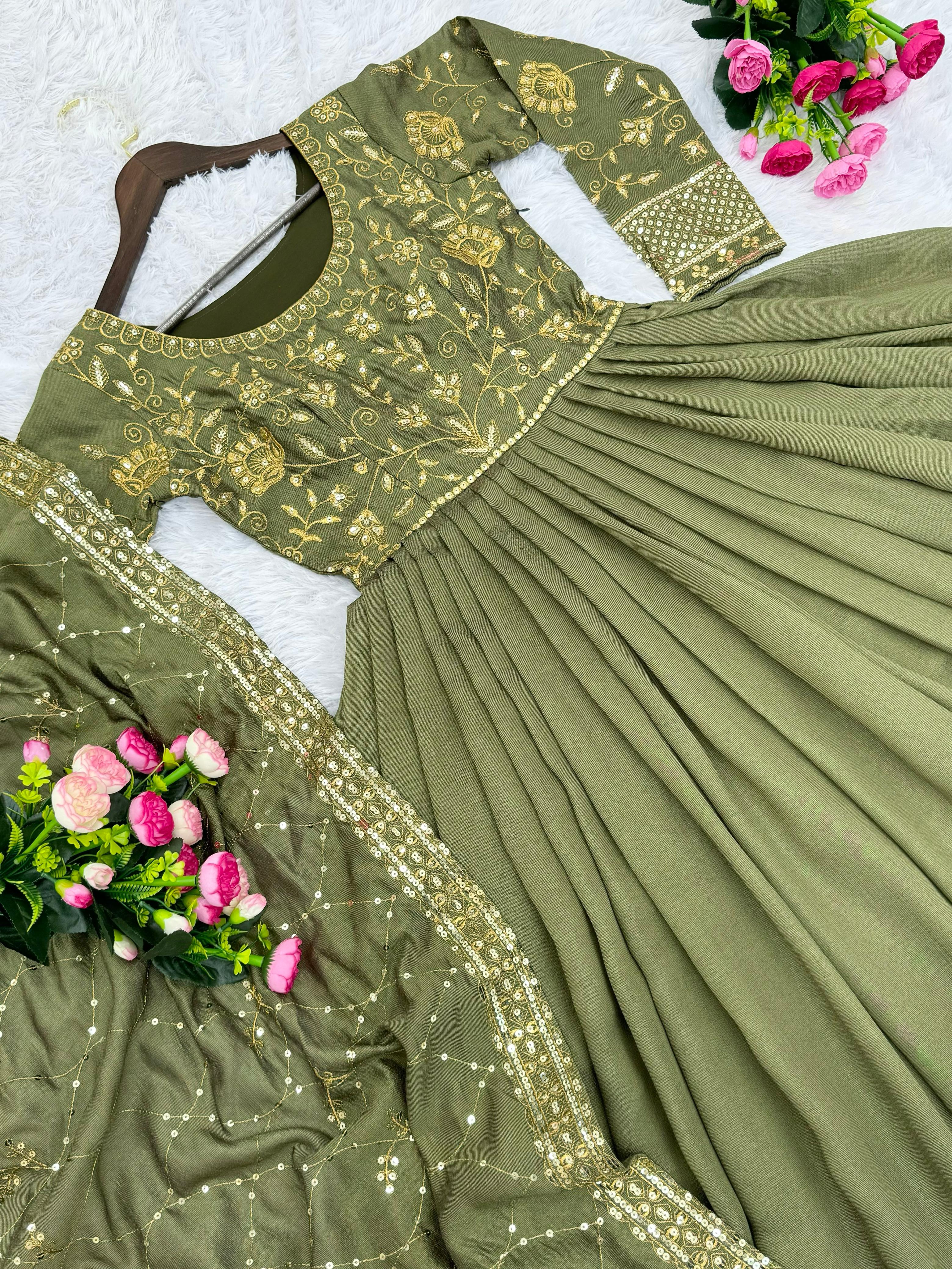 Beautiful Pista Green Color Heavy Vichitra Shimmer Silk With Embroidery Sequence Work Lehenga Choli