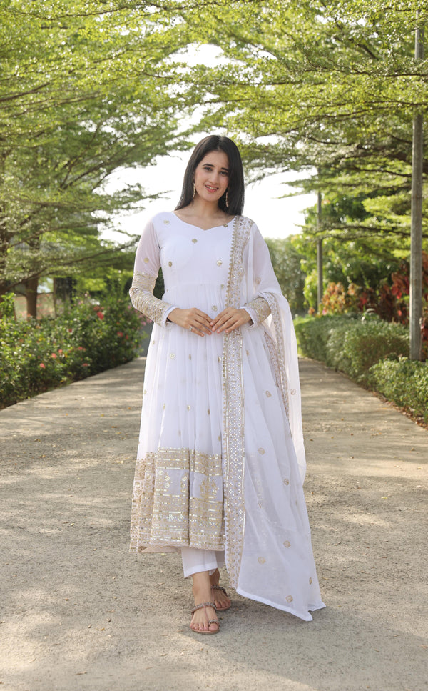 Mesmerizing White Color Georgette With Zari With Sequins Embroidery Work Designer Anarkali Suit