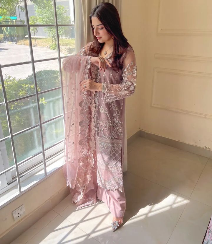 Peach Color Designer Heavy Soft Net With Peral Hand Work Plazzo Suit