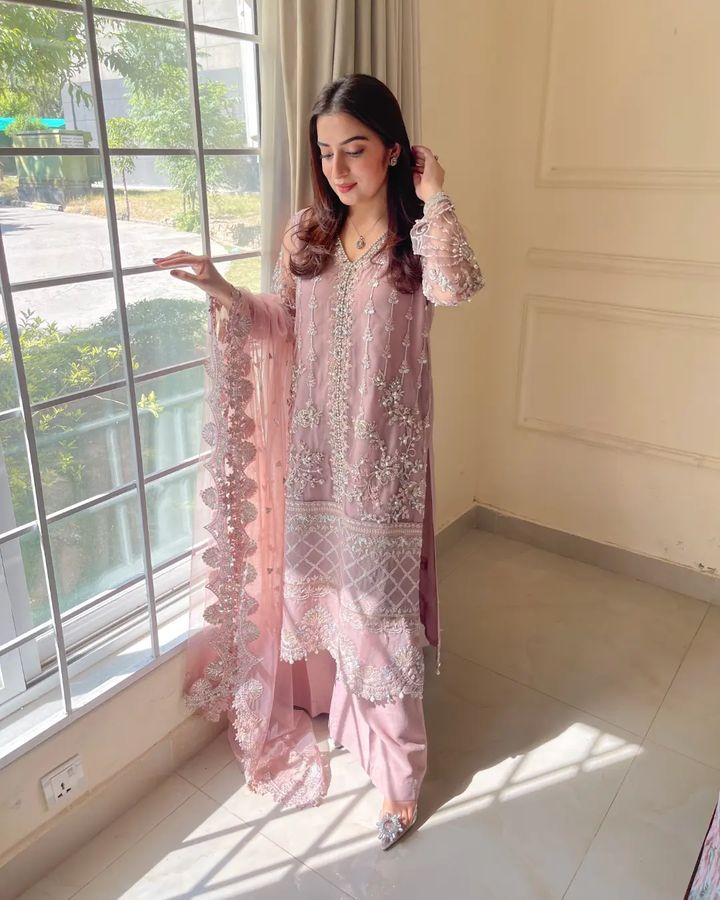 Peach Color Designer Heavy Soft Net With Peral Hand Work Plazzo Suit