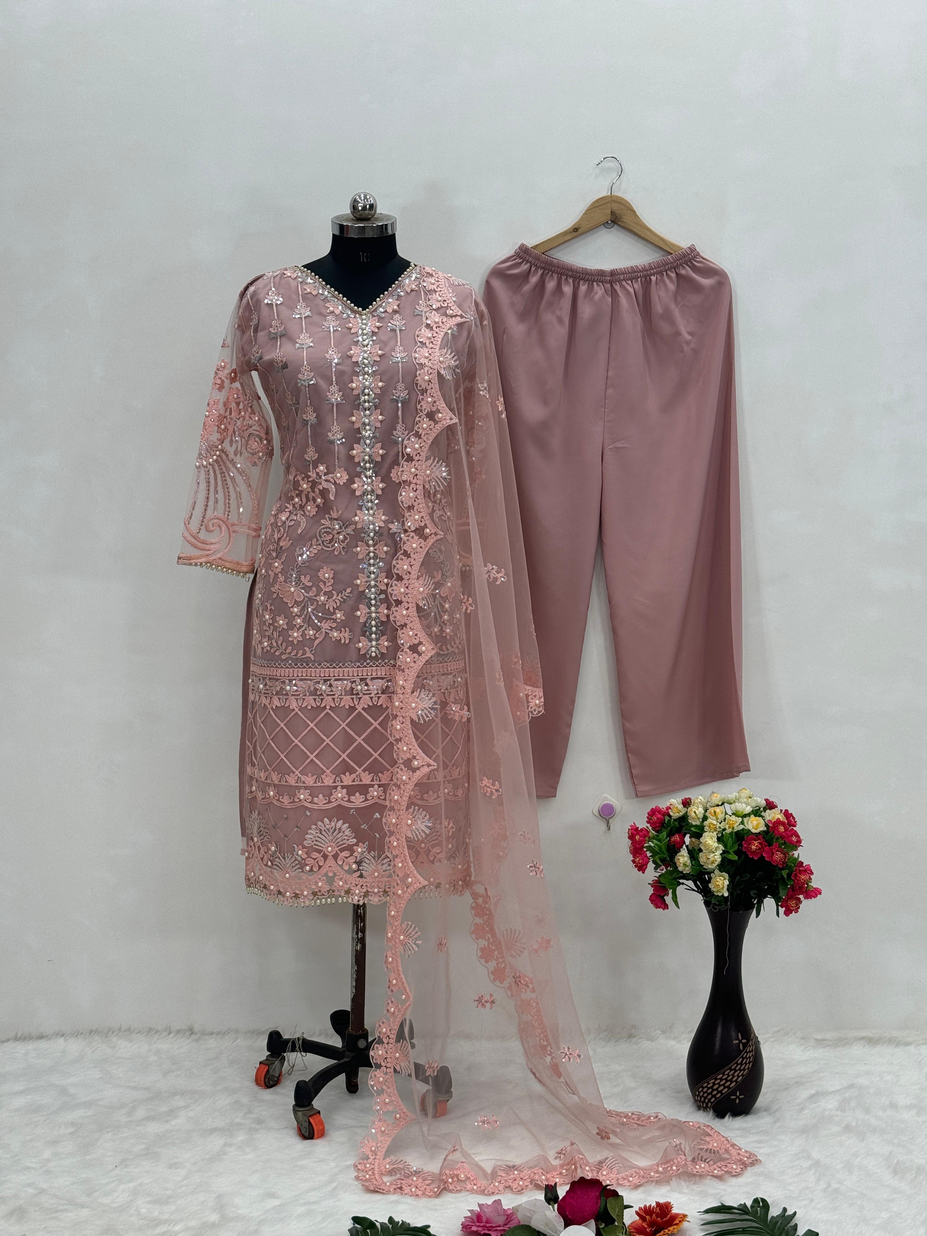 Peach Color Designer Heavy Soft Net With Peral Hand Work Plazzo Suit