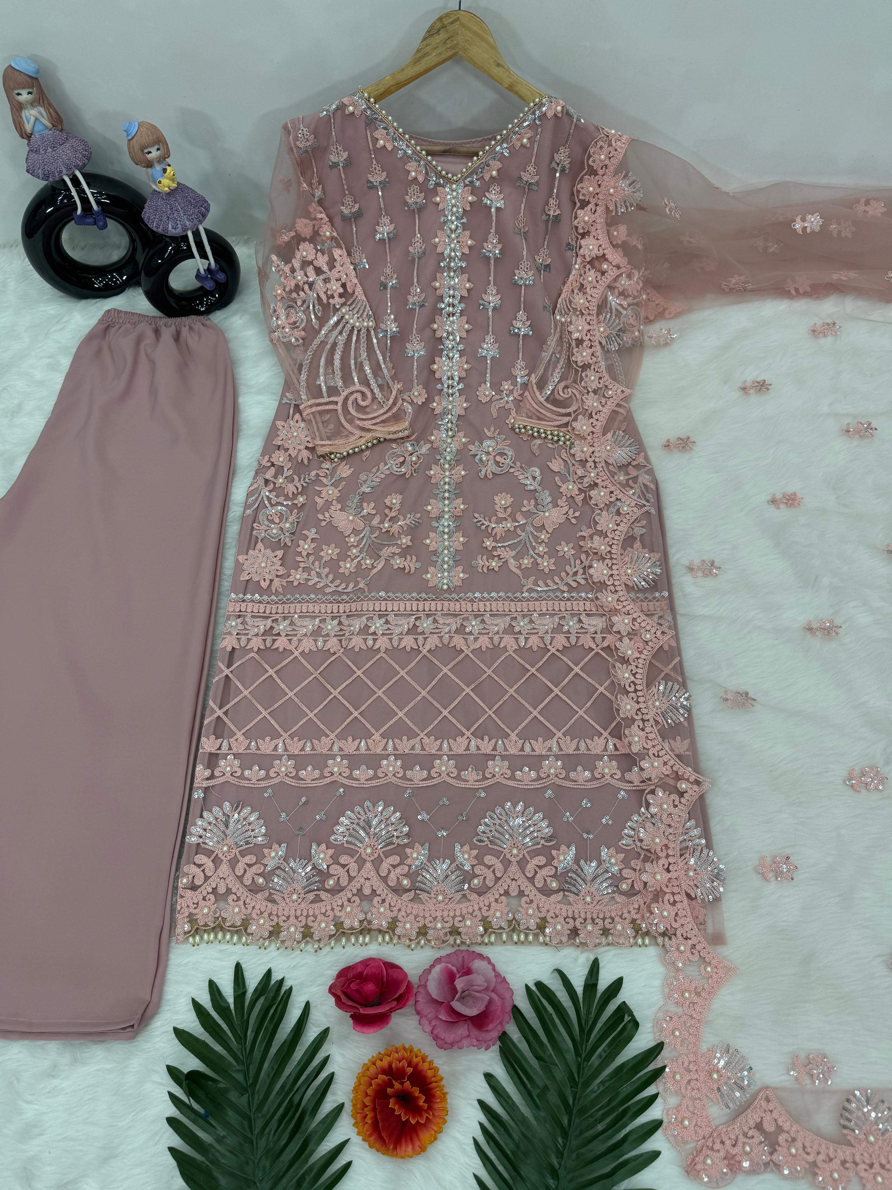 Peach Color Designer Heavy Soft Net With Peral Hand Work Plazzo Suit