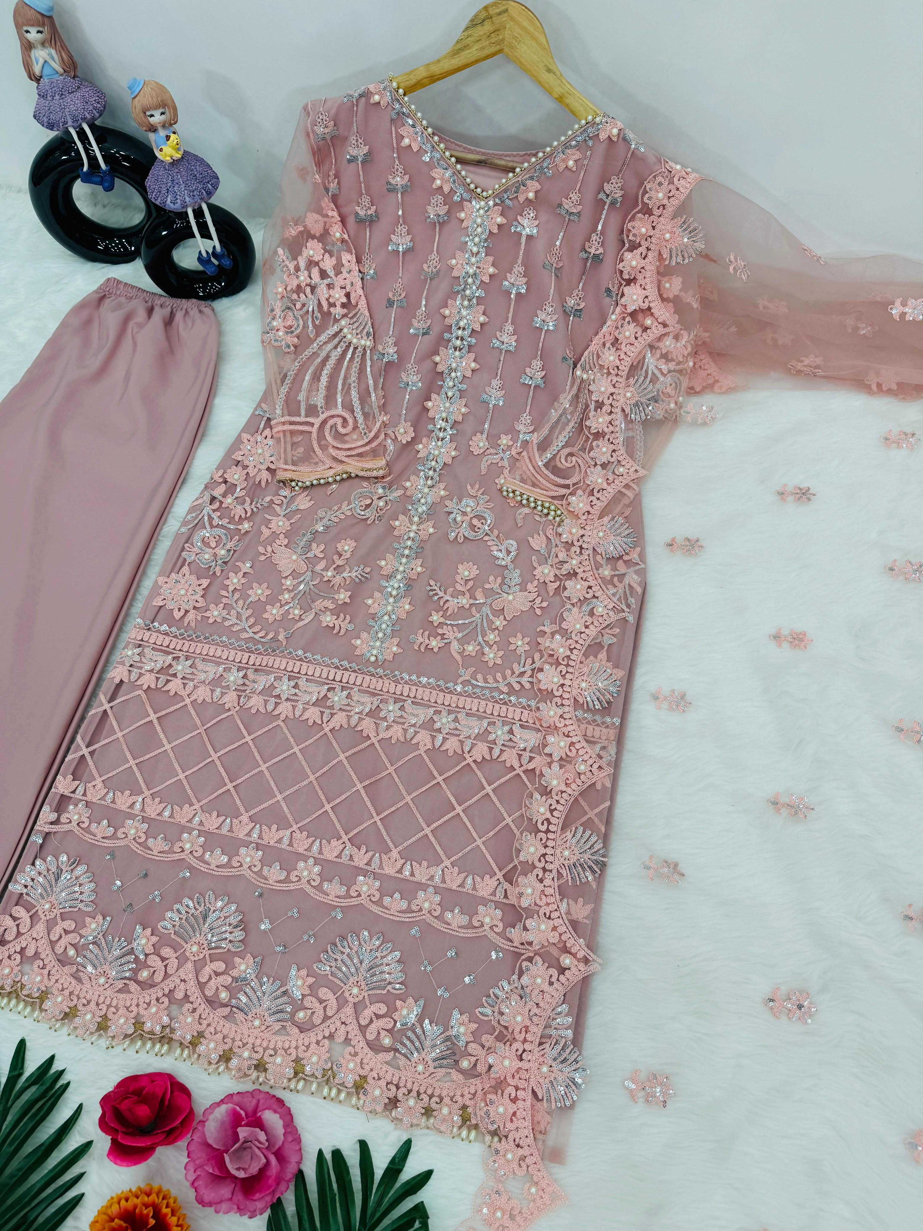 Peach Color Designer Heavy Soft Net With Peral Hand Work Plazzo Suit