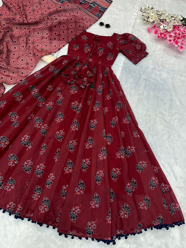 Marvelous Maroon Color Pure Soft Cotton Printed With 8 Meter Flair Designer Gown