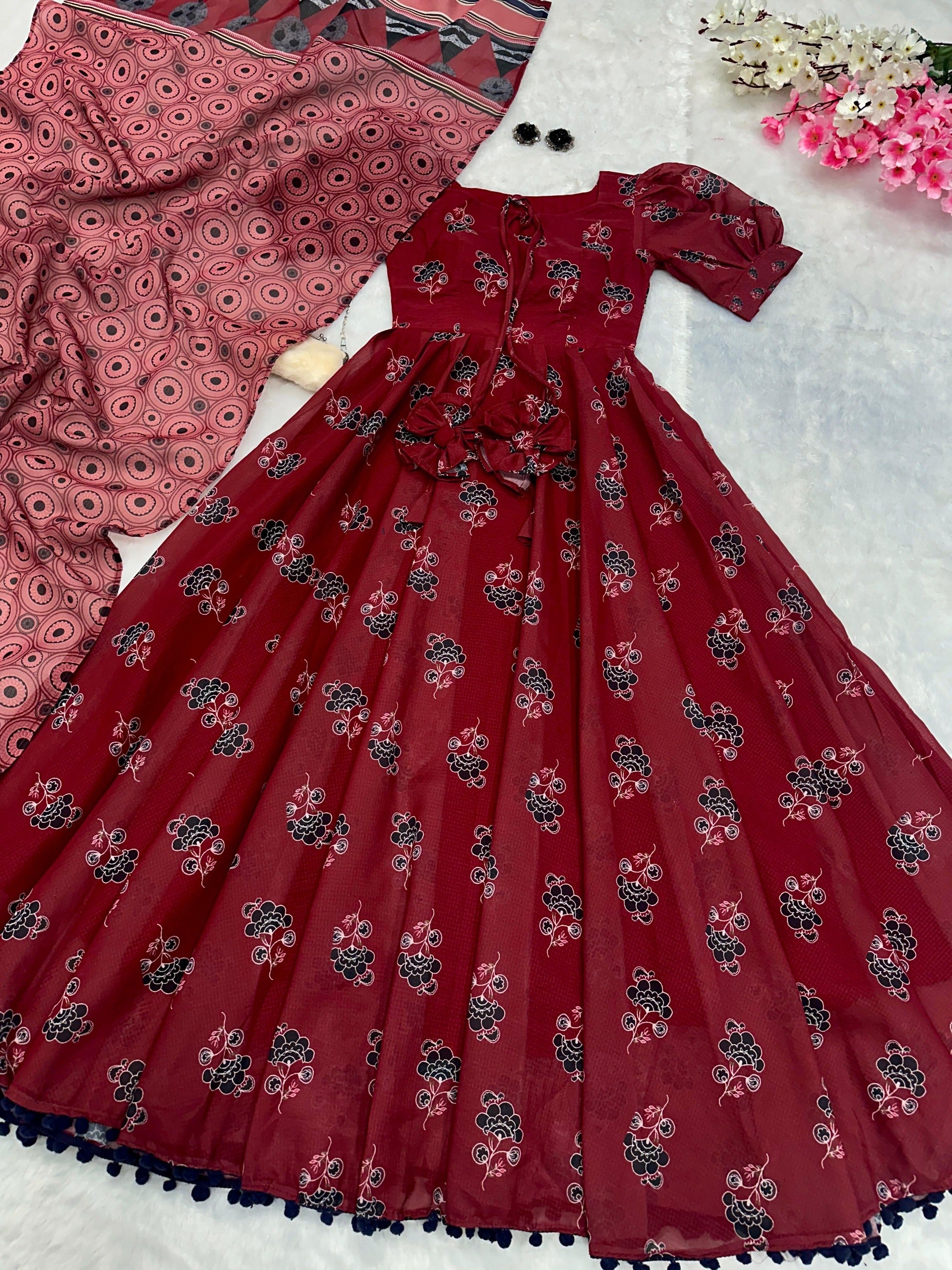 Marvelous Maroon Color Pure Soft Cotton Printed With 8 Meter Flair Designer Gown