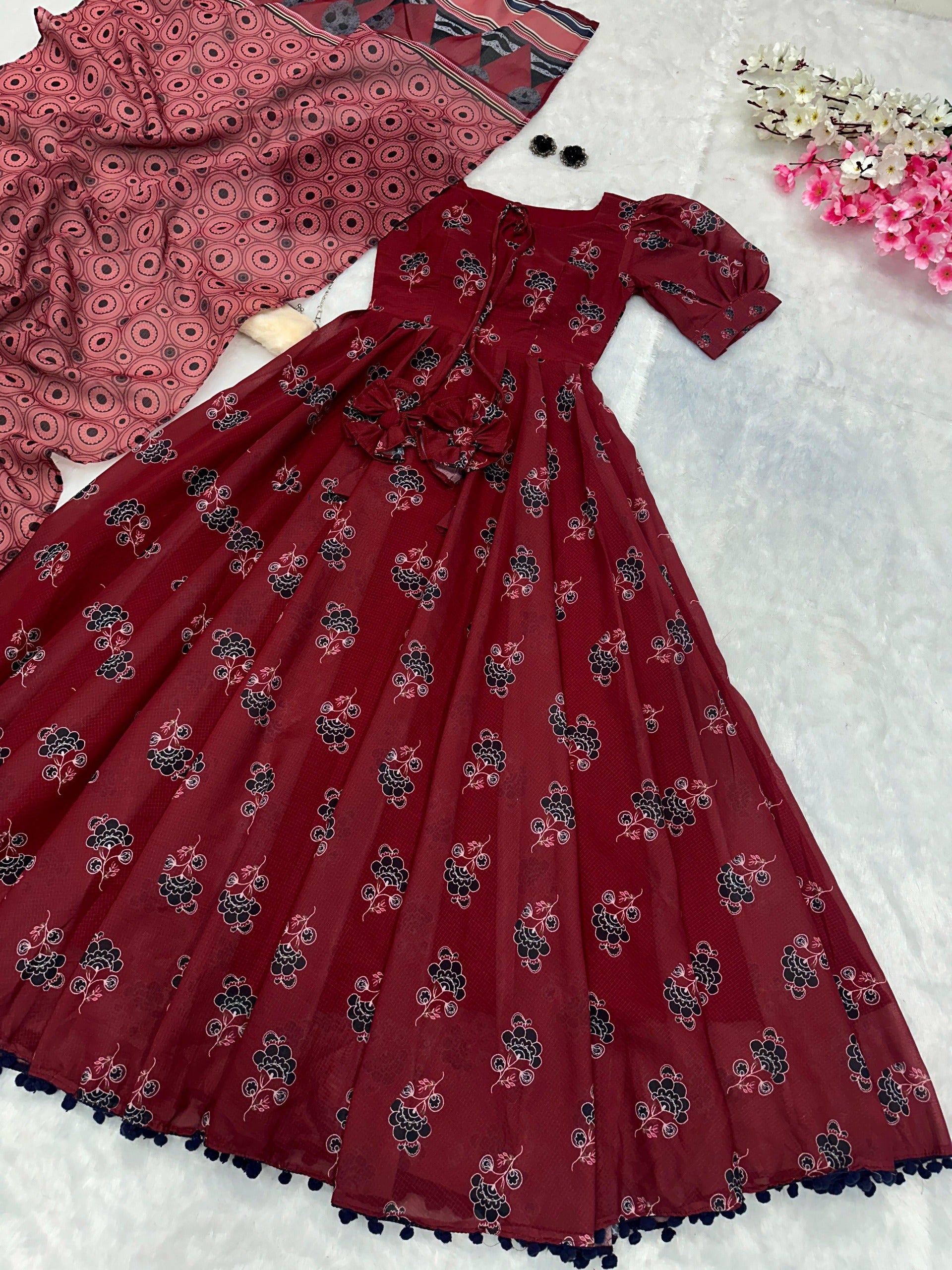 Marvelous Maroon Color Pure Soft Cotton Printed With 8 Meter Flair Designer Gown