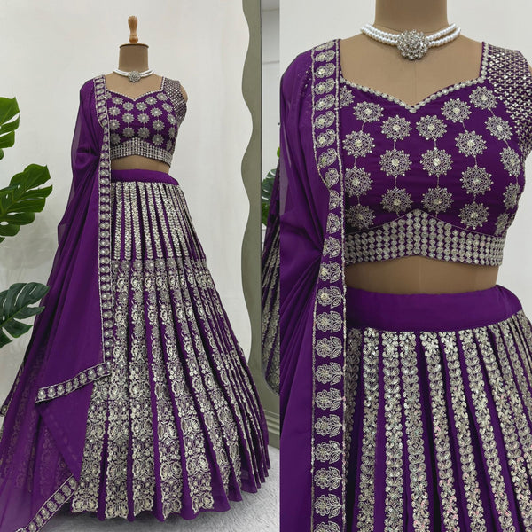 Celebrity Style Purple Color Foux Georgette Sequence With Thread Work Bridal Lehenga Choli