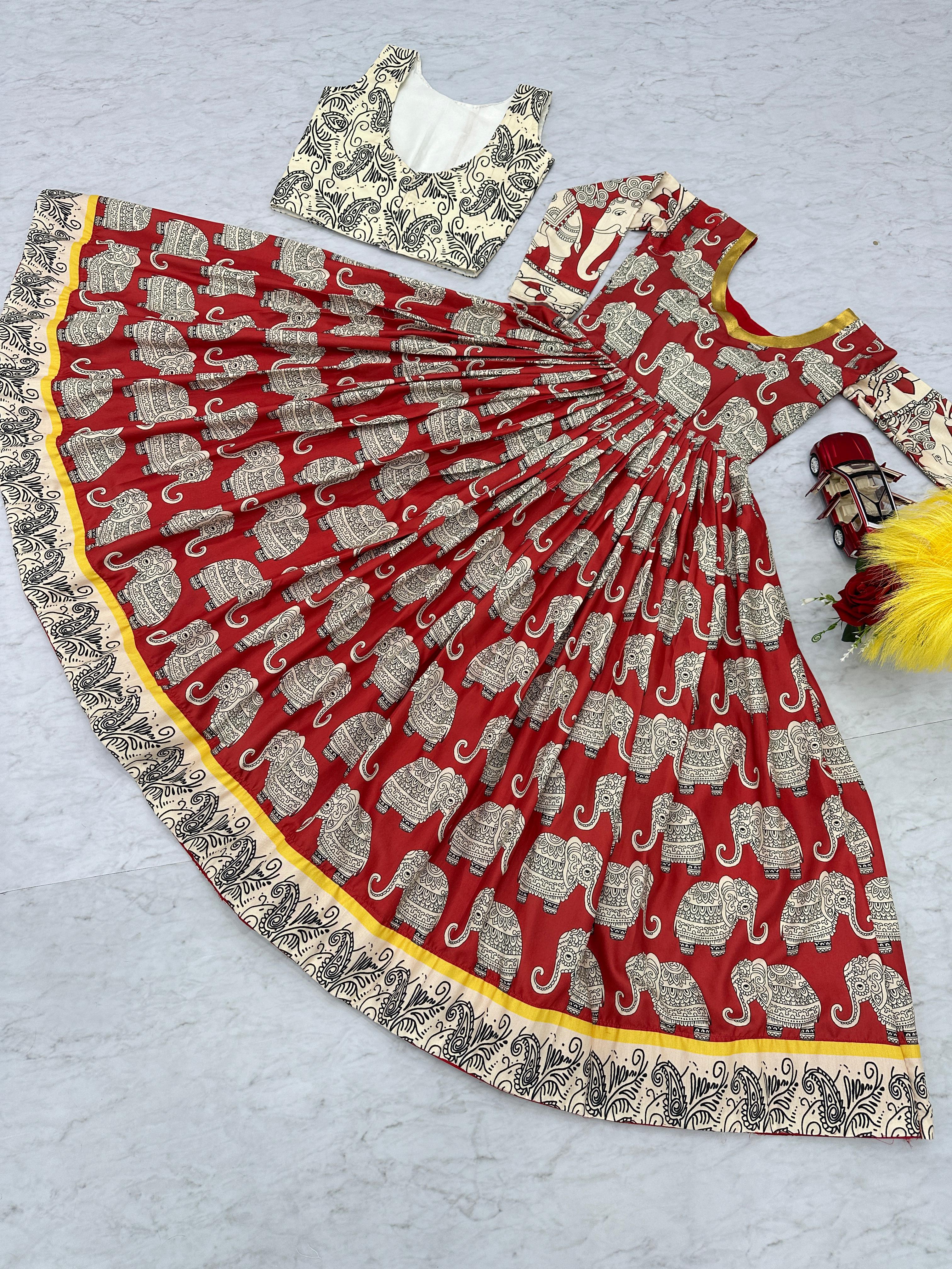 Festive Wear Maroon Color Cotton Kalamkari Printed Work Designer Gown