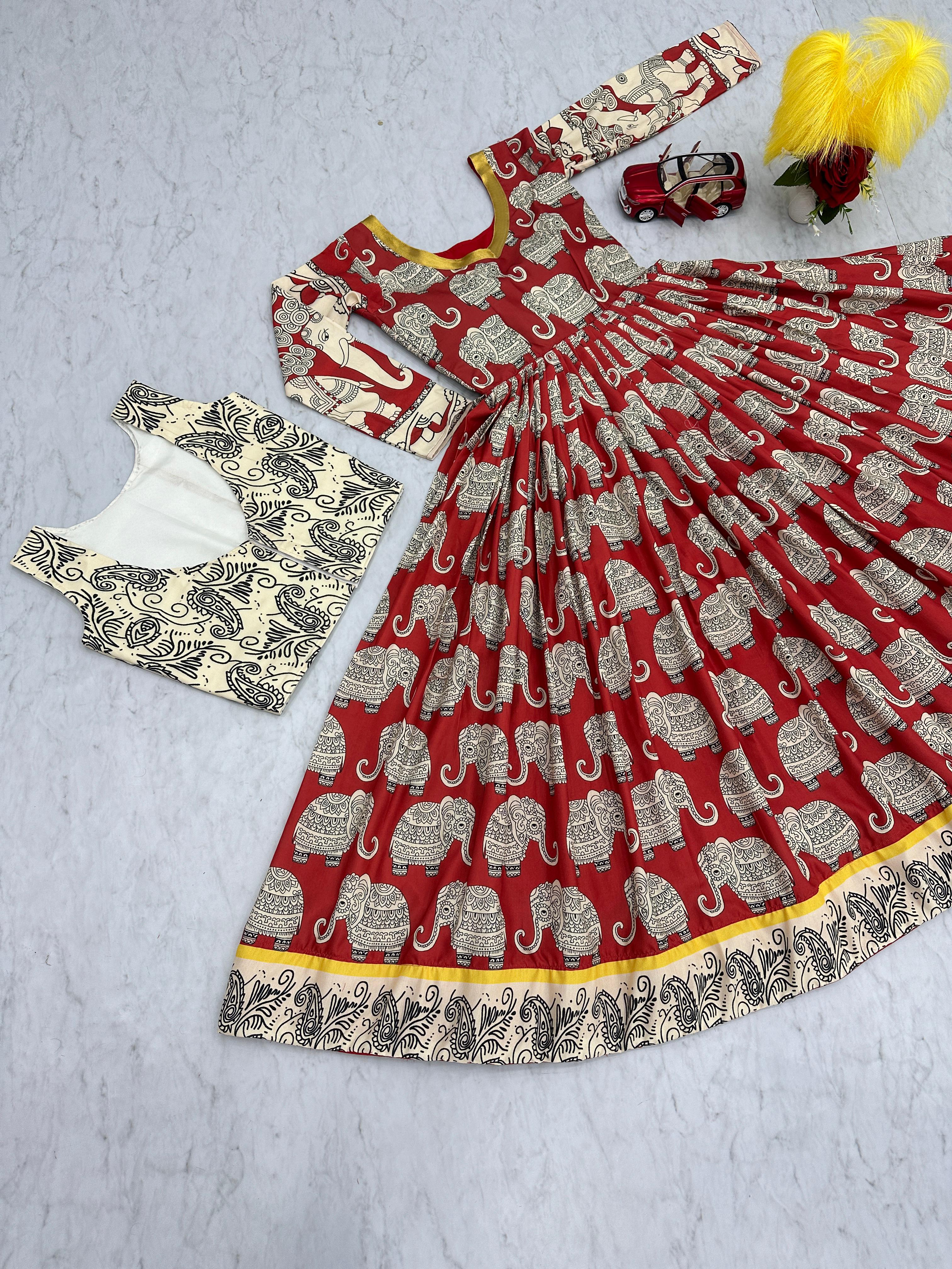 Festive Wear Maroon Color Cotton Kalamkari Printed Work Designer Gown