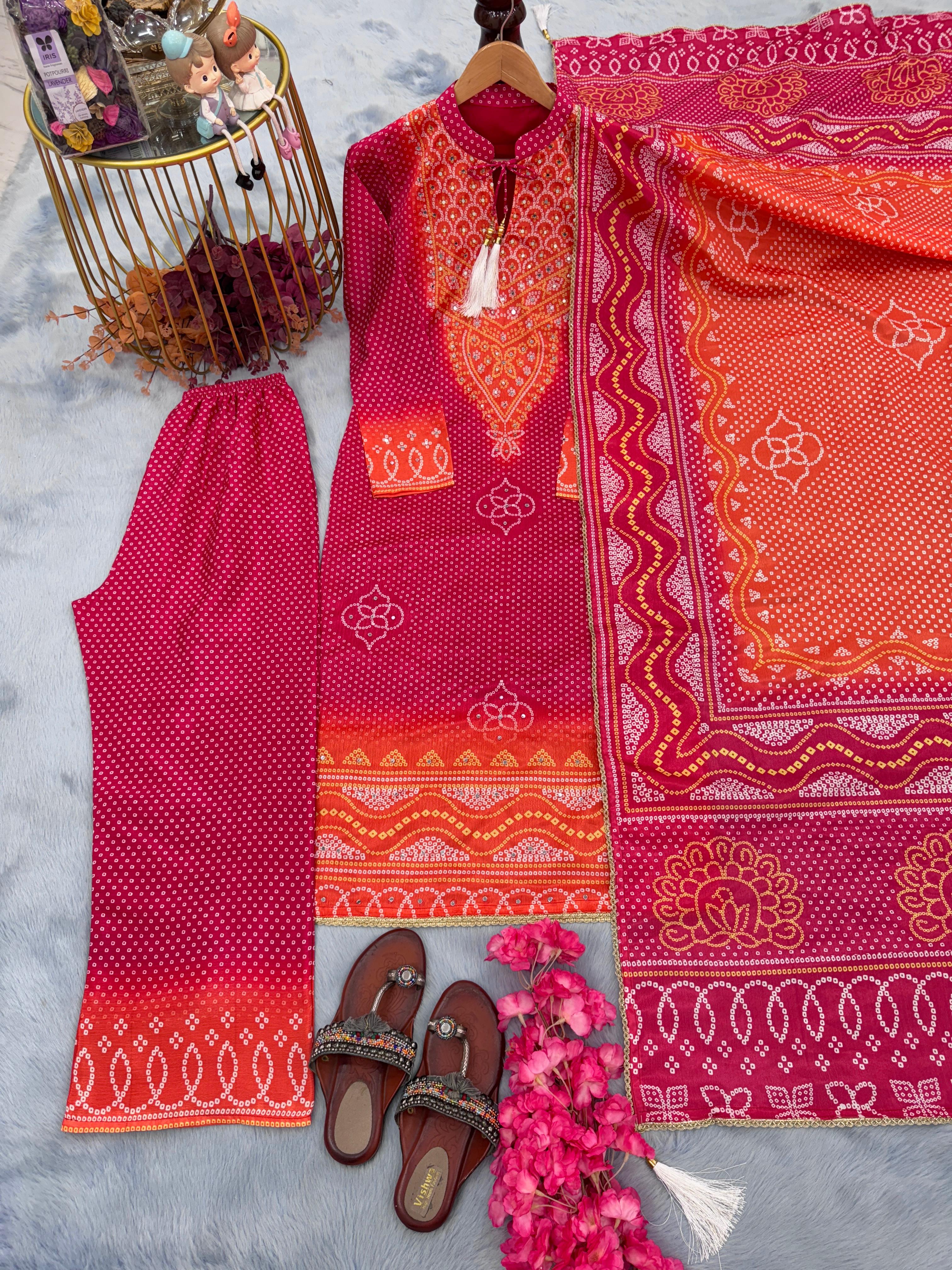 Fabulous Orange Color Heavy Chinon Silk With Digital Print Designer Salwar Suit