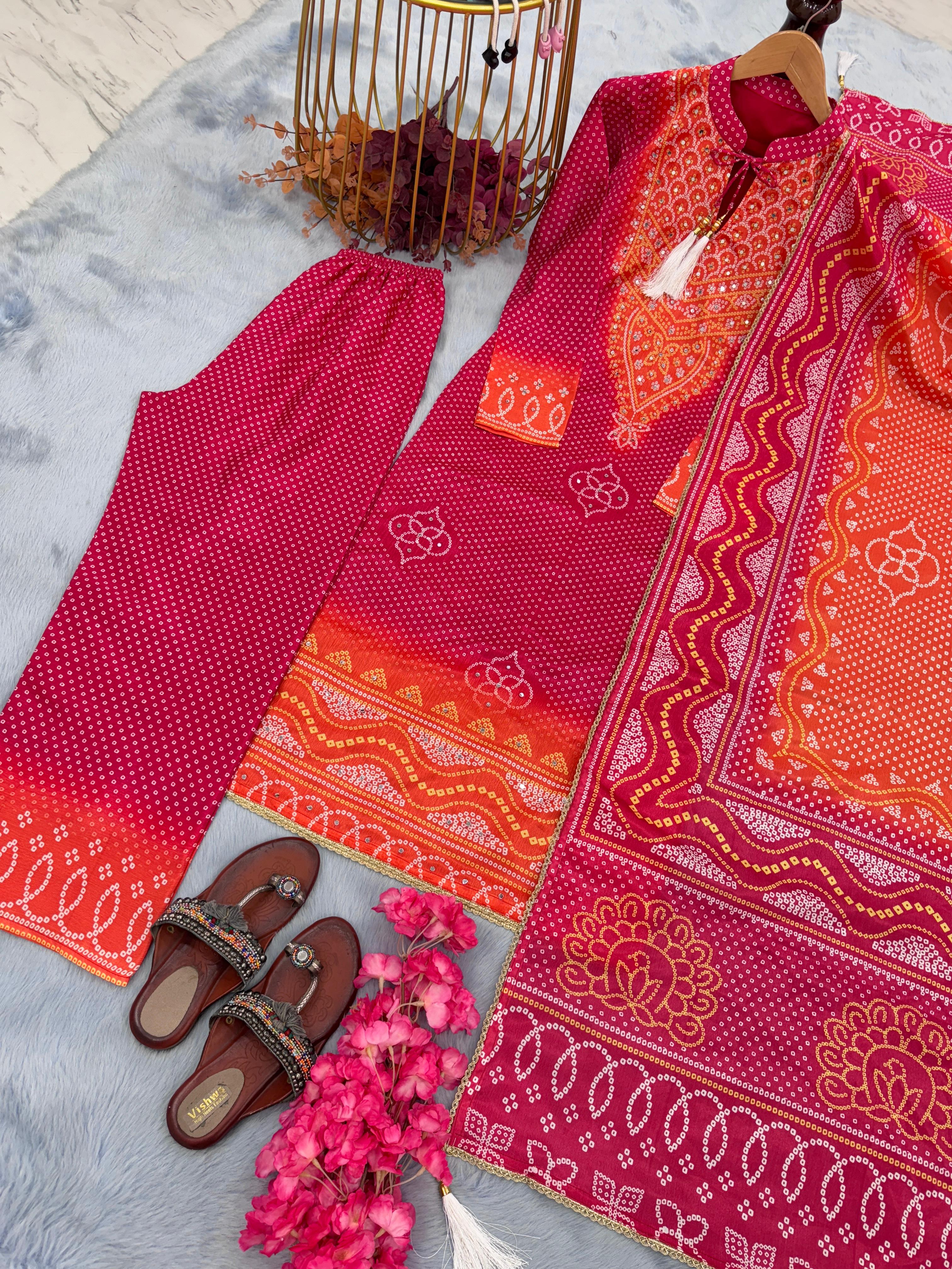 Fabulous Orange Color Heavy Chinon Silk With Digital Print Designer Salwar Suit