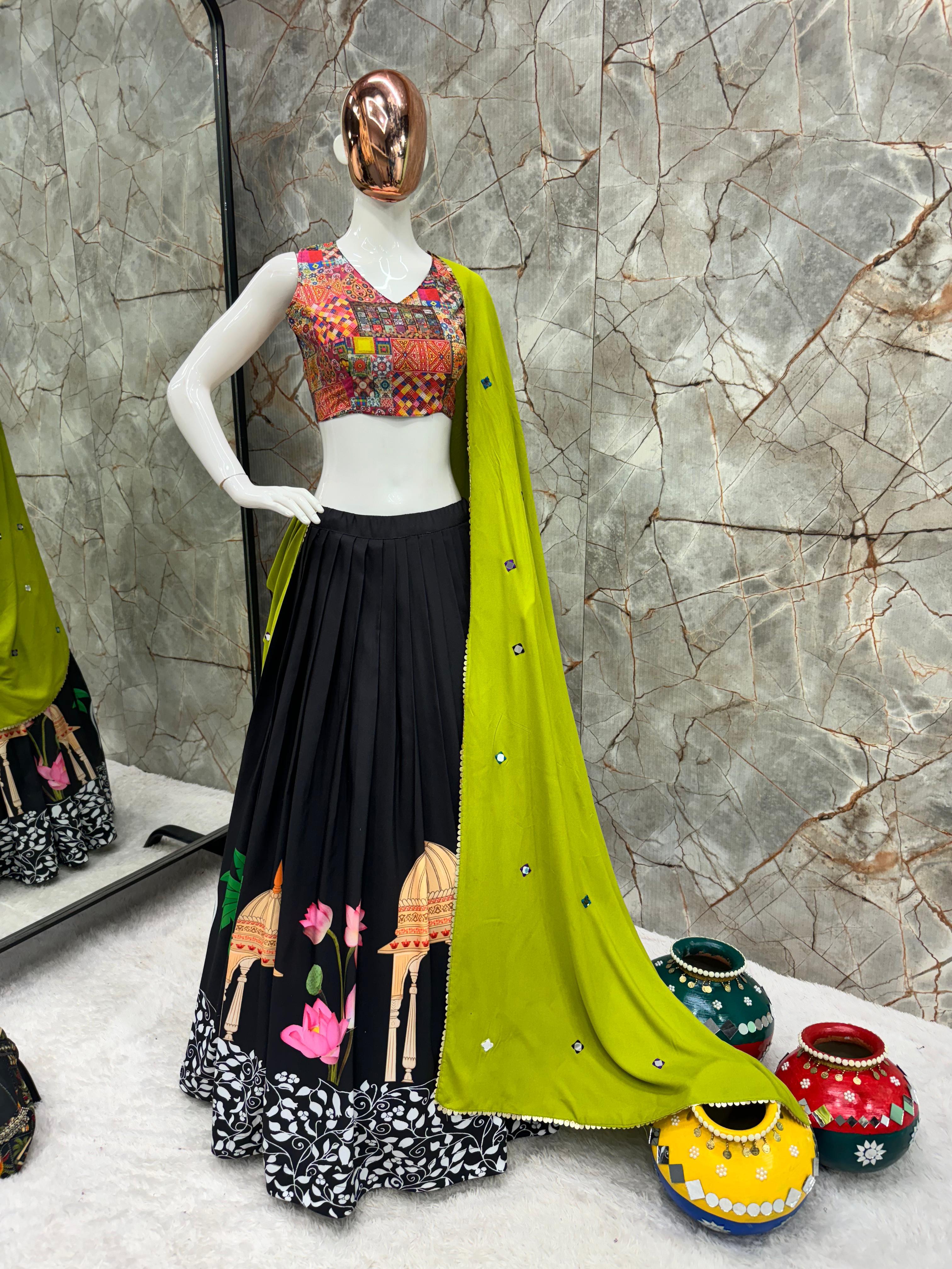 Traditional Wear Black Color Pure Rayon With Digital Print Work 4 Meter Flair Navratri Lehenga Choli