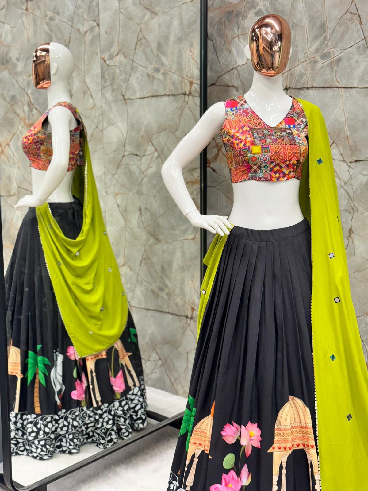 Traditional Wear Black Color Pure Rayon With Digital Print Work 4 Meter Flair Navratri Lehenga Choli