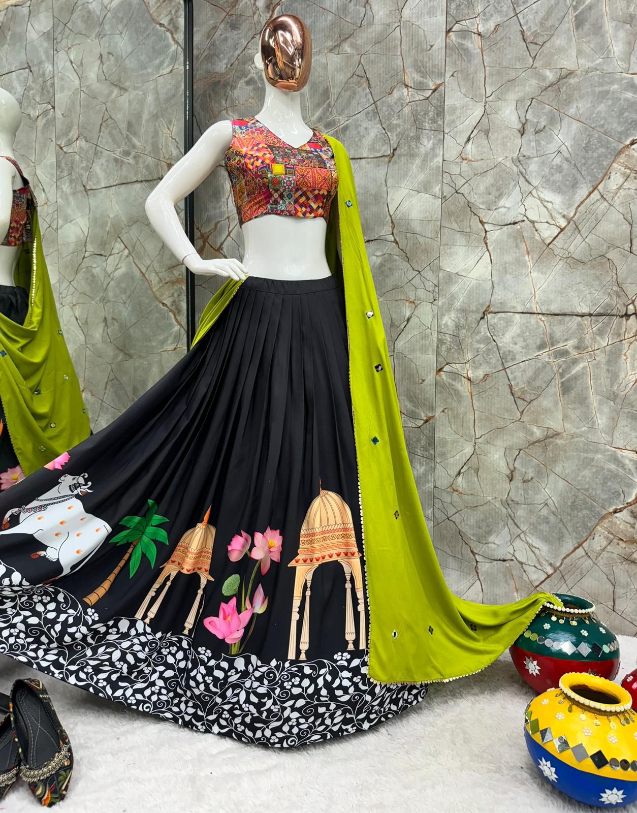 Traditional Wear Black Color Pure Rayon With Digital Print Work 4 Meter Flair Navratri Lehenga Choli