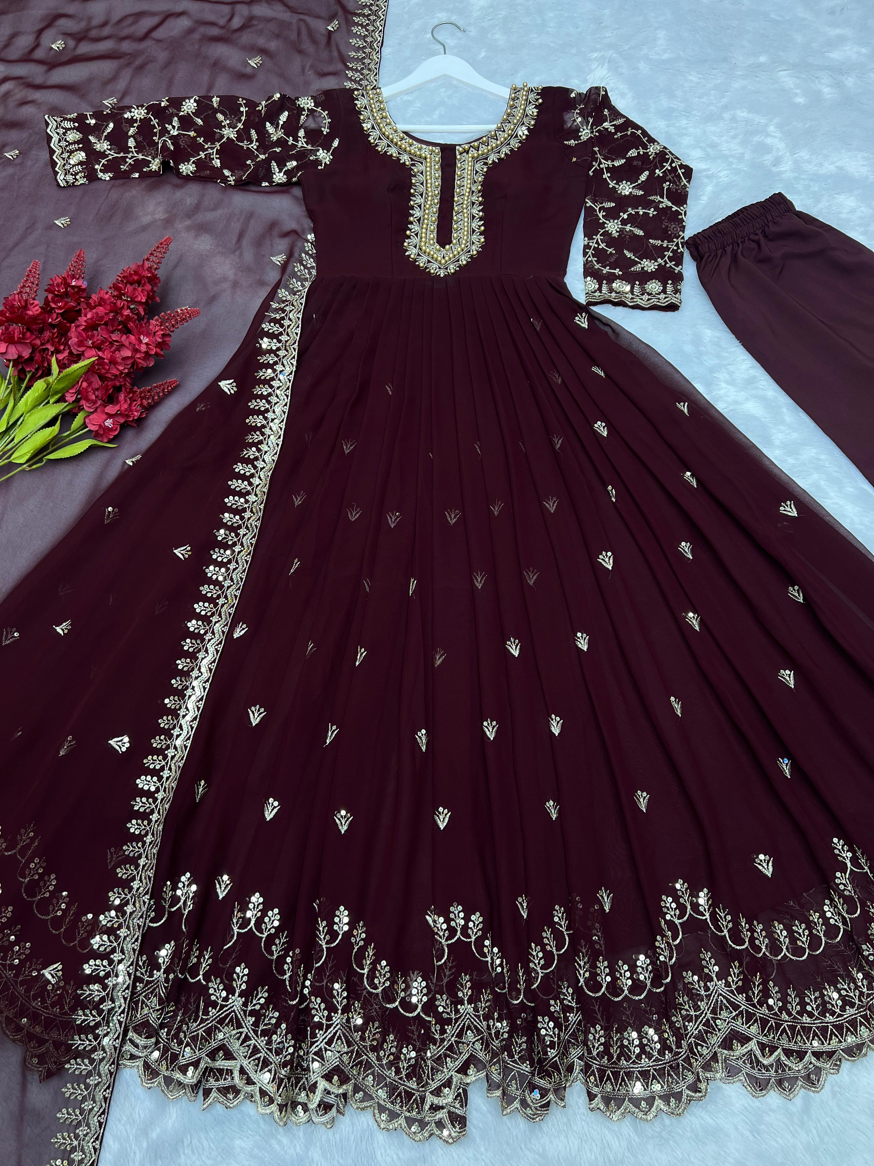 Heavy Faux Georgette Embroidery Sequence With Riveted Moti Work Designer Gown