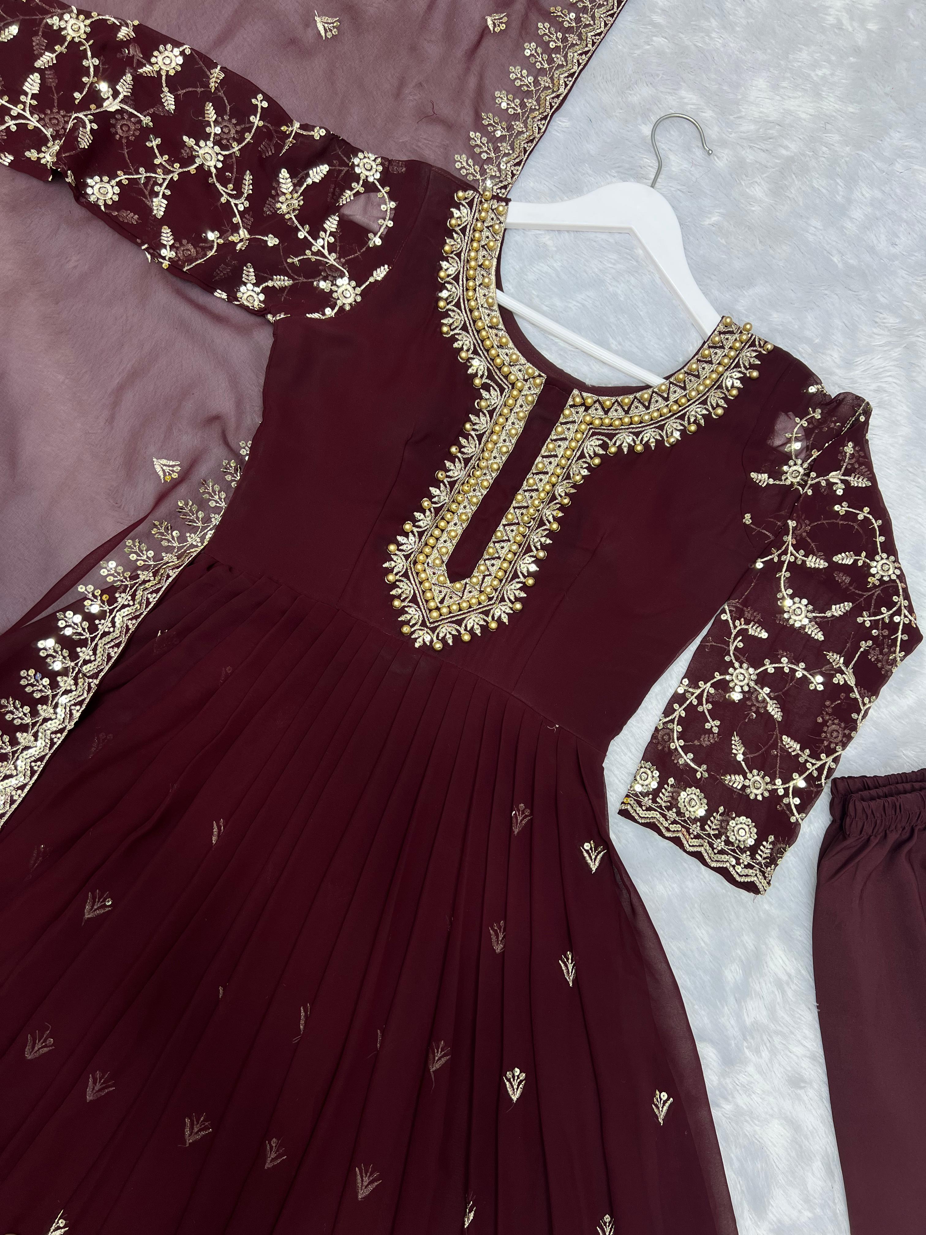 Heavy Faux Georgette Embroidery Sequence With Riveted Moti Work Designer Gown