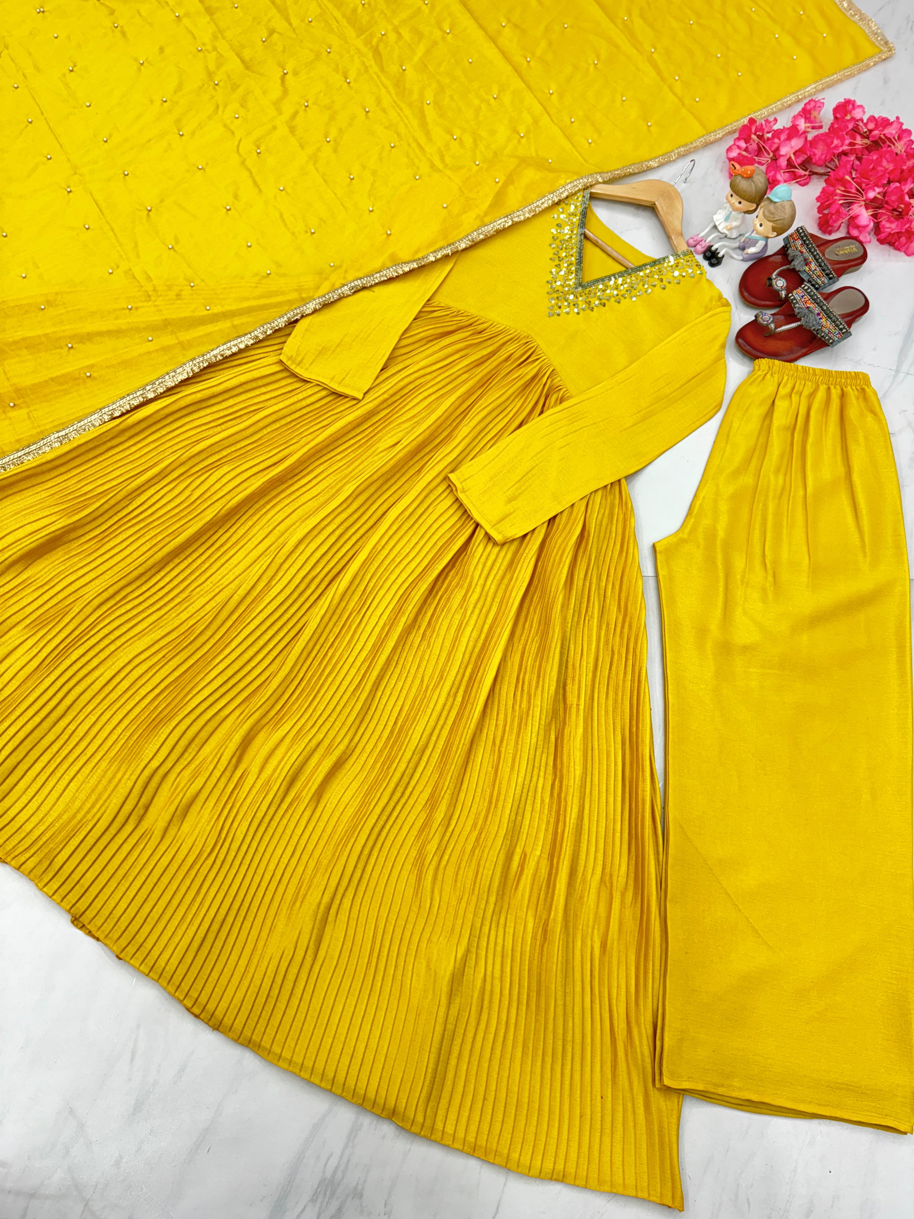 Haldi Special Yellow Color Pure Chinon Silk Crush With Embroidery Work With Salwar Suit