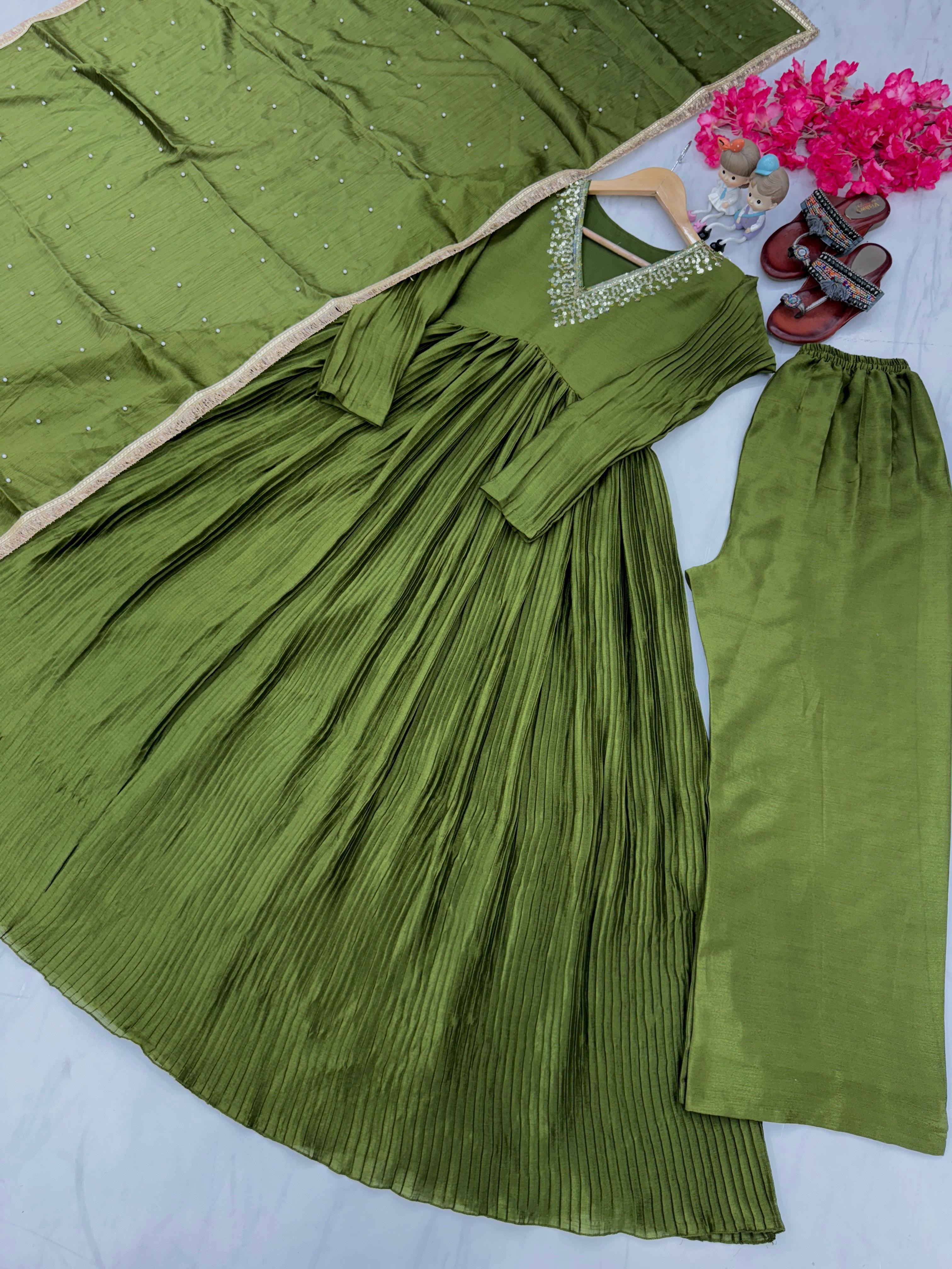 Innovative Green Color Pure Chinon Silk Crush With Embroidery Work With Salwar Suit