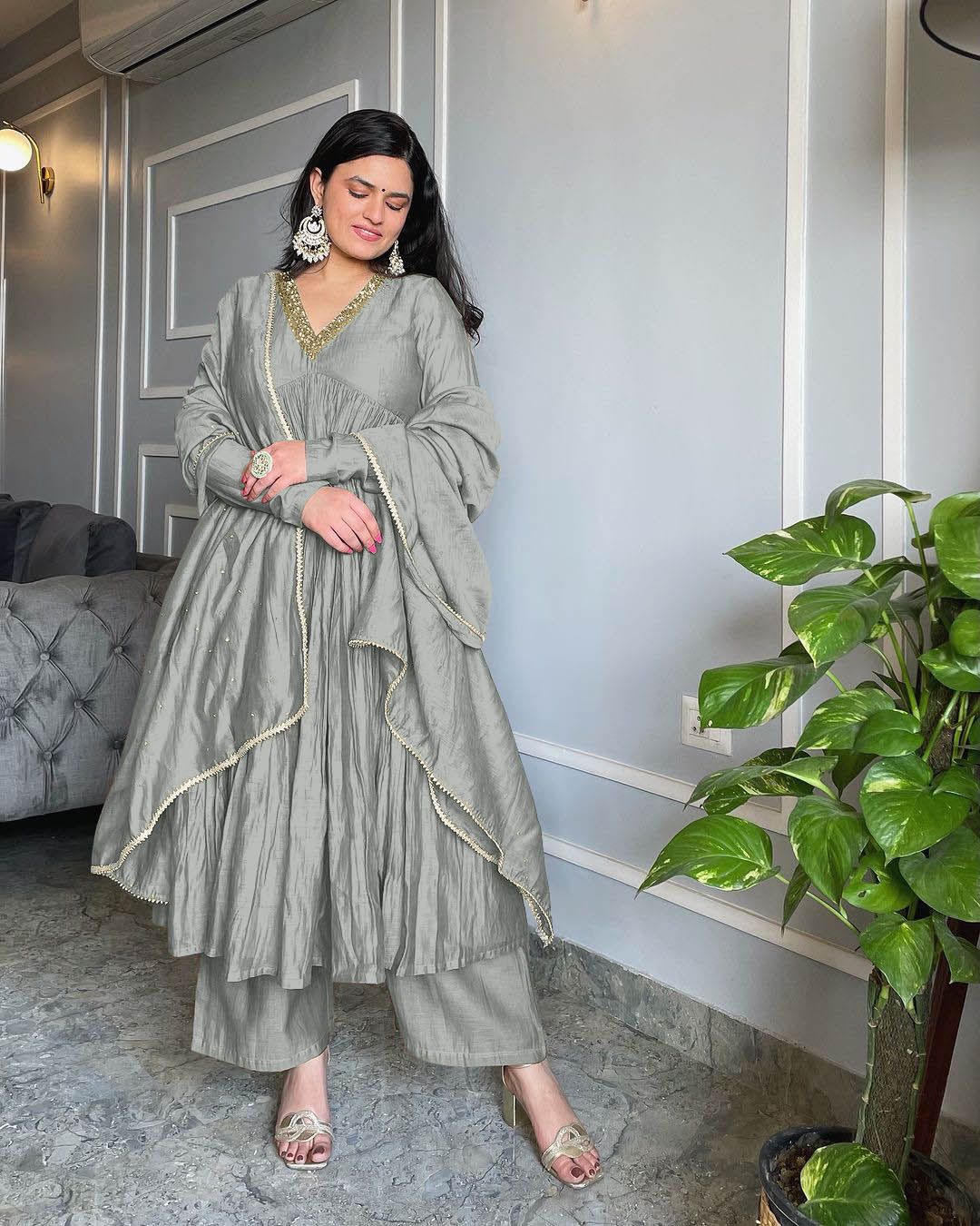 Luxuriant Grey Color Pure Chinon Silk Crush With Embroidery Work With Salwar Suit